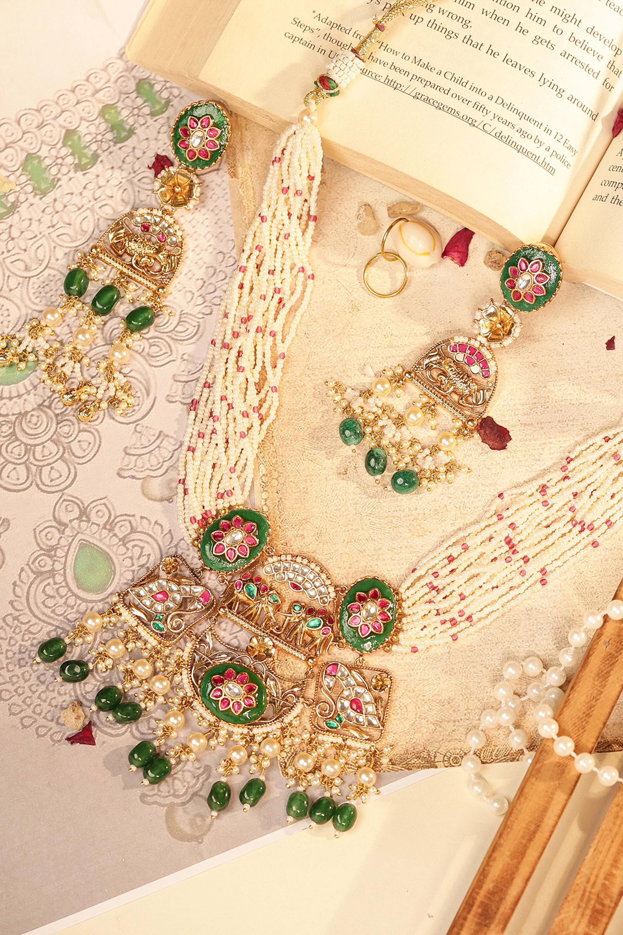 Traditional Kundan Meenakari Necklace Set: Multi-Strand Pearls, Green Enamel Choker Dangles