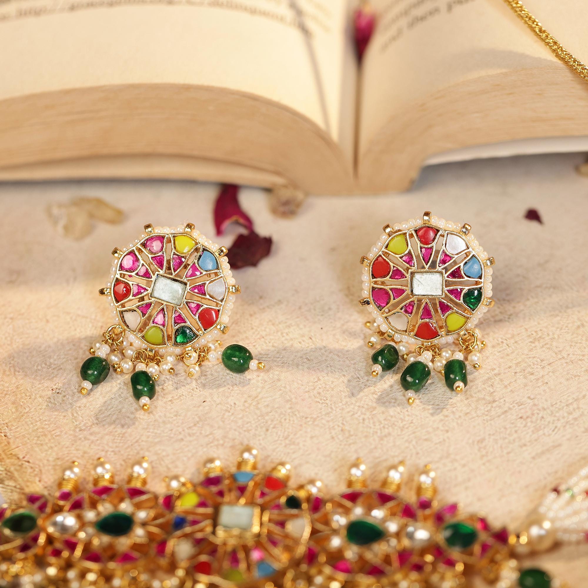 Traditional Indian Meenakari Choker Set | Kundan Pearl Necklace, Studs | Rajasthani Festive Jewelry
