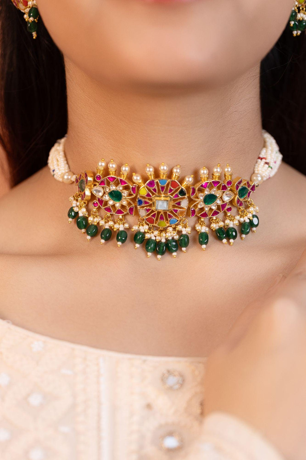 Traditional Indian Meenakari Choker Set | Kundan Pearl Necklace, Studs | Rajasthani Festive Jewelry