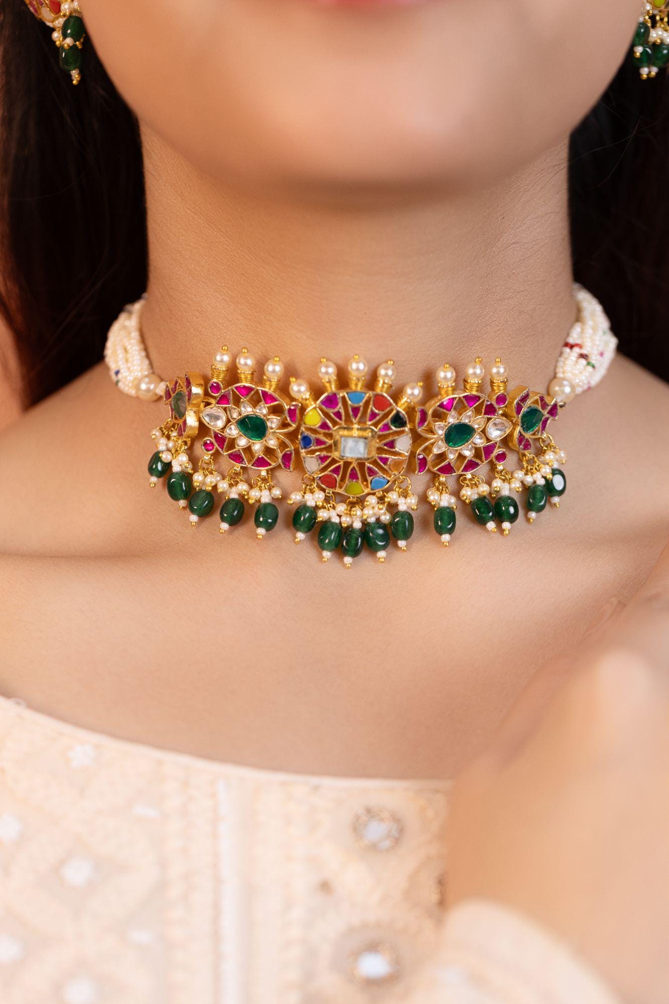 Traditional Indian Meenakari Choker Set | Kundan Pearl Necklace, Studs | Rajasthani Festive Jewelry
