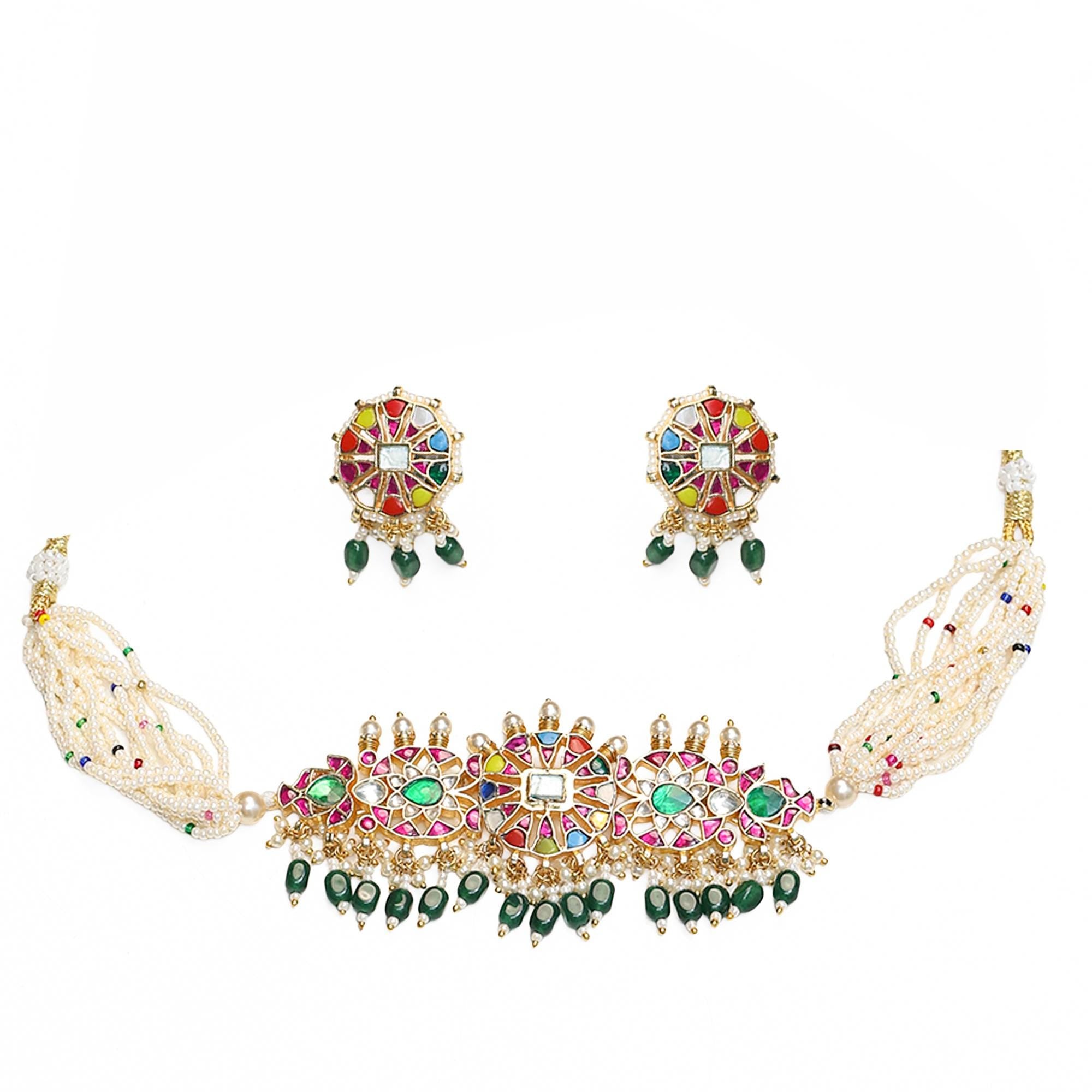 Traditional Indian Meenakari Choker Set | Kundan Pearl Necklace, Studs | Rajasthani Festive Jewelry