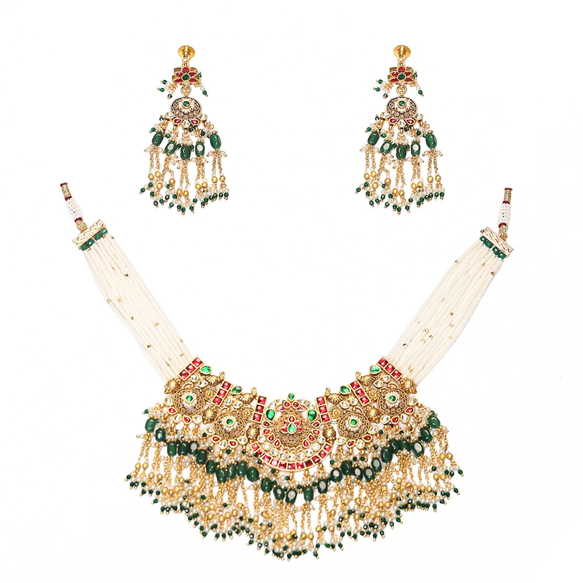 Traditional Kundan Choker Set | Red Green Jadau Bib Necklace, Pearl Indian Jewelry