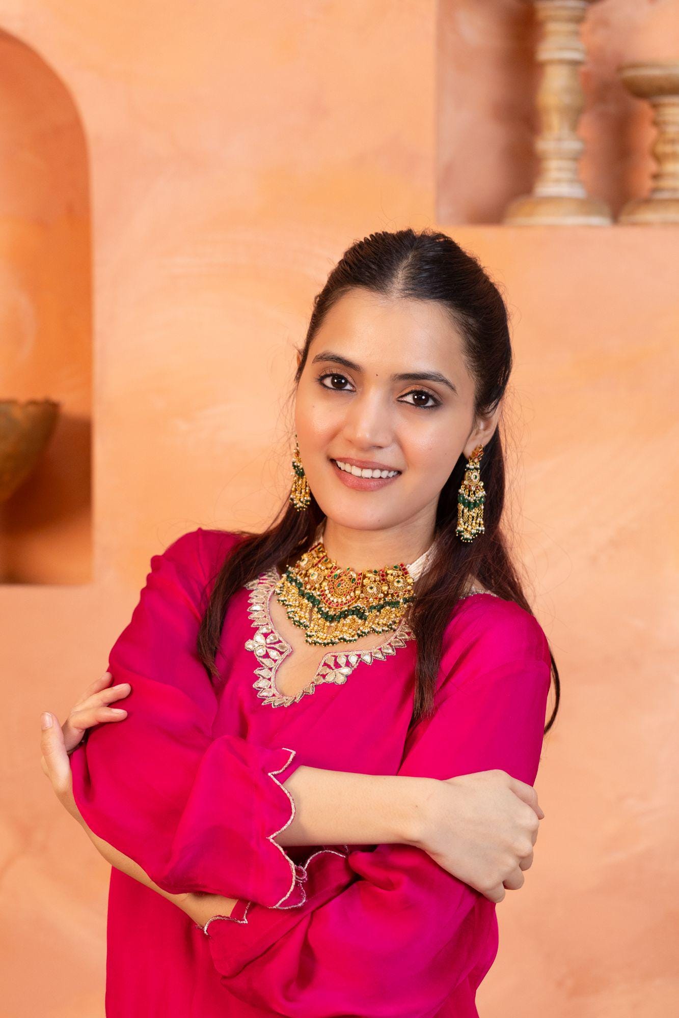 Traditional Kundan Choker Set | Red Green Jadau Bib Necklace, Pearl Indian Jewelry