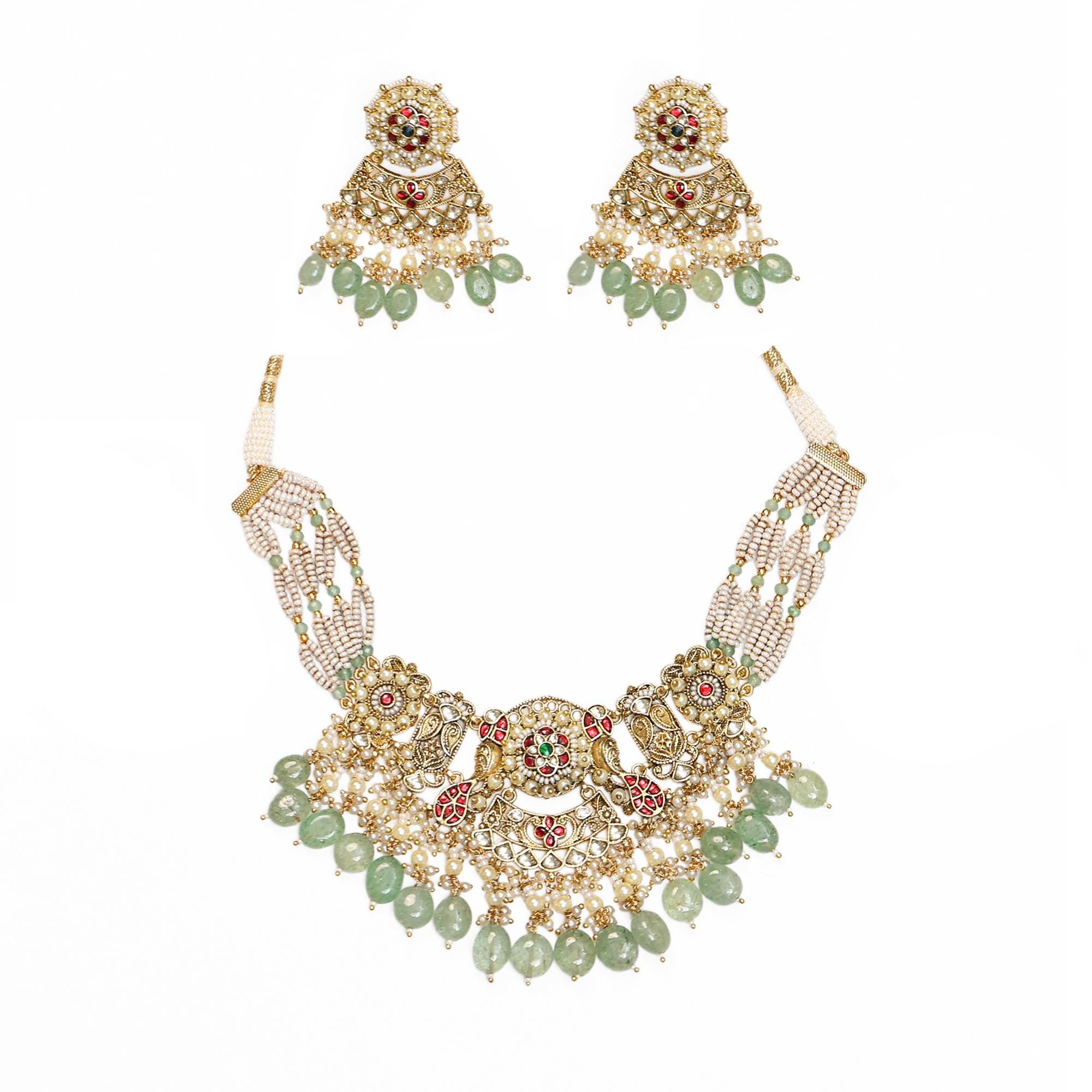 Antique Gold Kundan Choker Necklace Set | Mint Green Tumbled Beads, Pearls