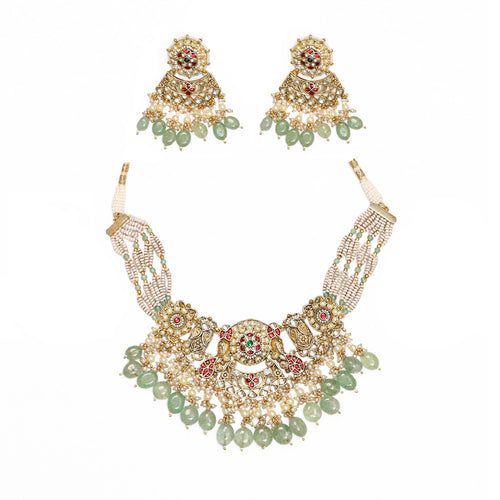 Antikes goldenes Kundan-Collier-Set | Mintgrüne getrommelte Perlen, synthetische Perlen