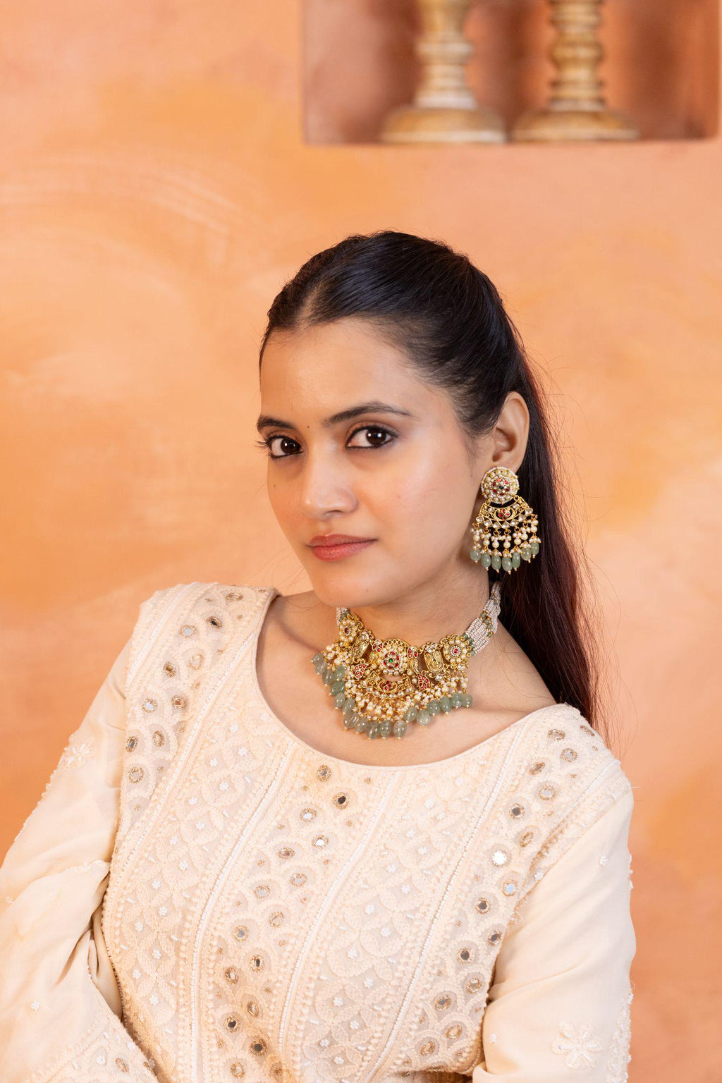 Antique Gold Kundan Choker Necklace Set | Mint Green Tumbled Beads, Pearls