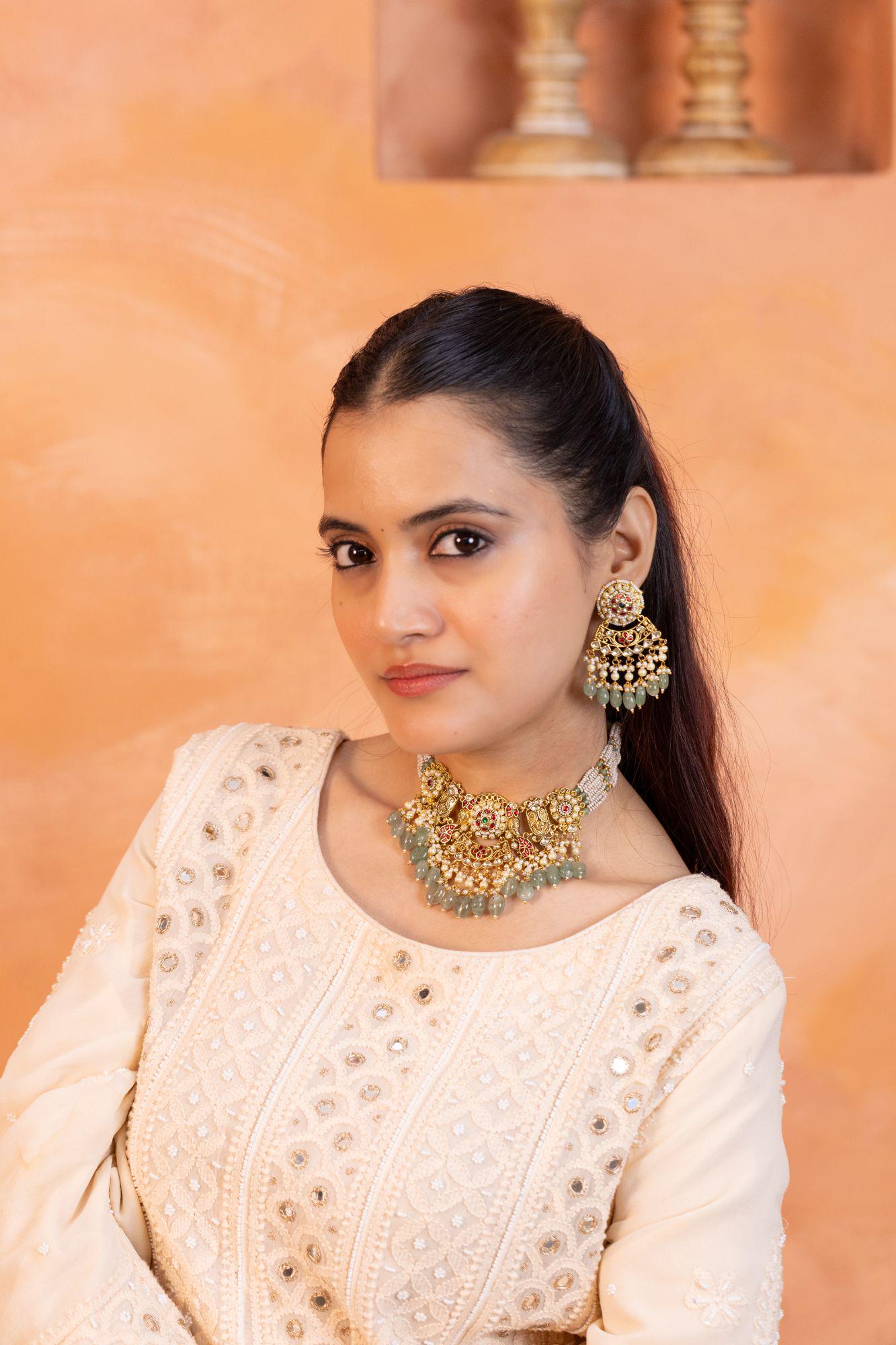 Antique Gold Kundan Choker Necklace Set | Mint Green Tumbled Beads, Pearls