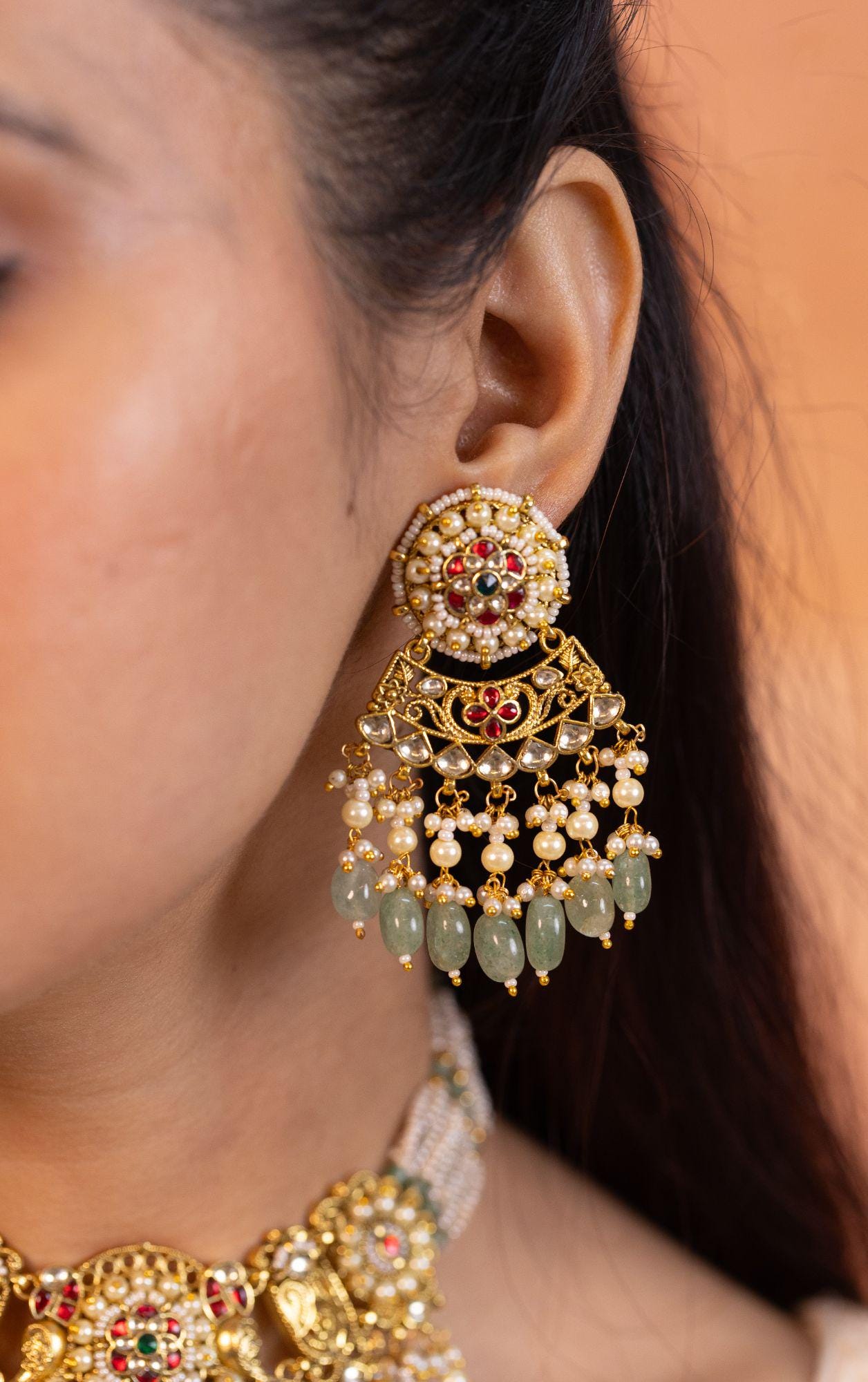 Antique Gold Kundan Choker Necklace Set | Mint Green Tumbled Beads, Pearls