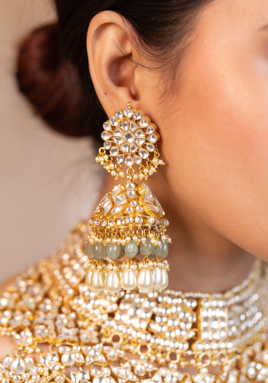 Kundan Bridal Necklace Set with Maang Tikka | Pastel Mint Green Glass Bead Indian Jewelry