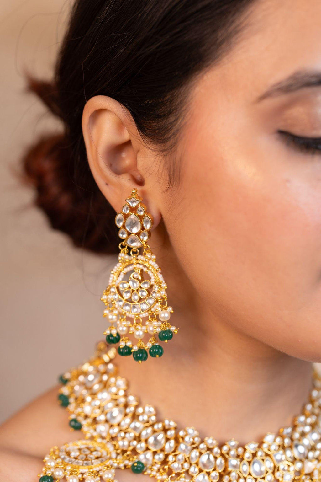 Kundan Choker Necklace Set with Chandbali Fringe | Emerald Green Bridal Jewelry
