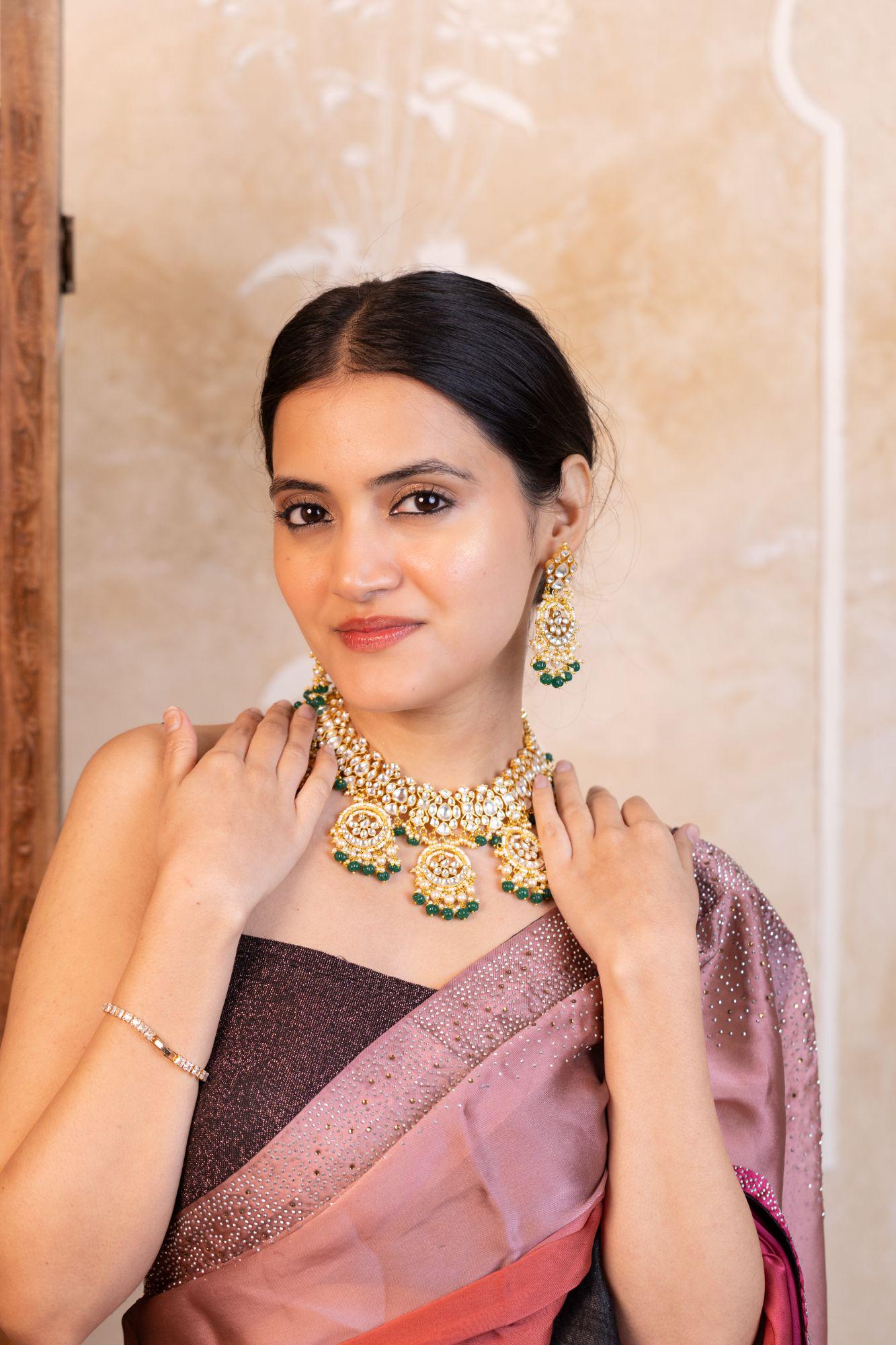 Kundan Choker Necklace Set with Chandbali Fringe | Emerald Green Bridal Jewelry