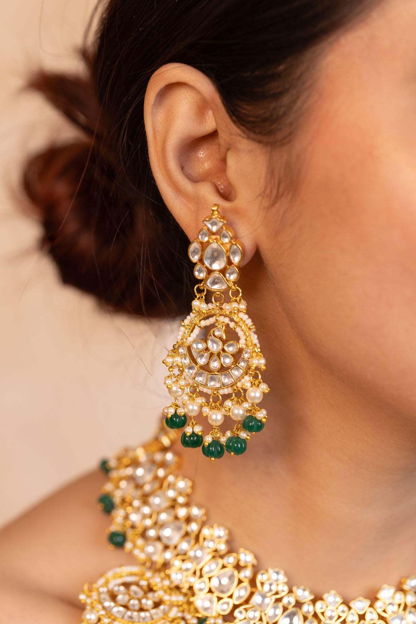 Kundan Choker Necklace Set with Chandbali Fringe | Emerald Green Bridal Jewelry