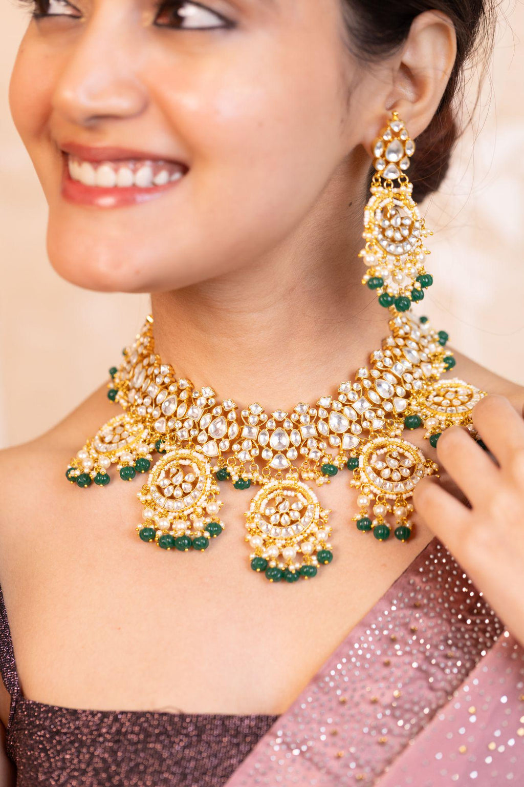 Kundan Choker Necklace Set with Chandbali Fringe | Emerald Green Bridal Jewelry