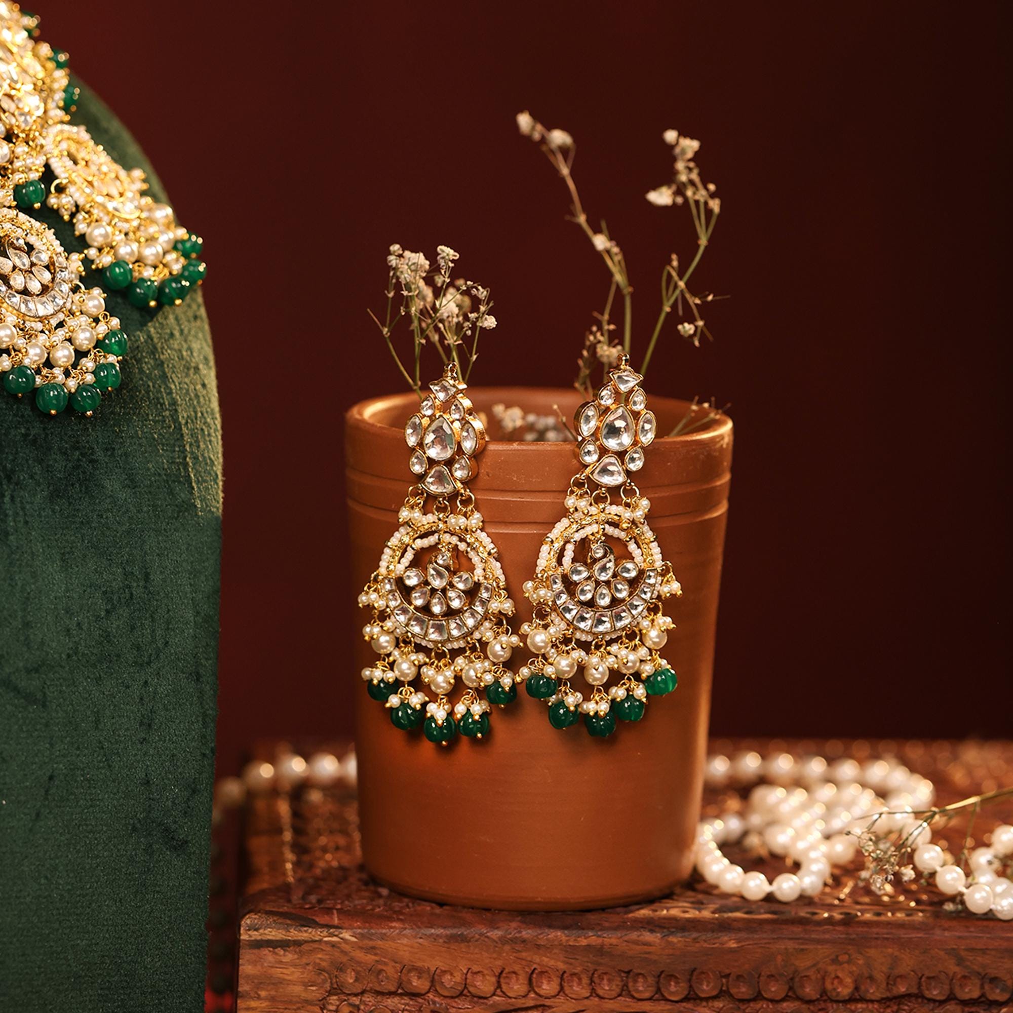 Kundan Choker Necklace Set with Chandbali Fringe | Emerald Green Bridal Jewelry