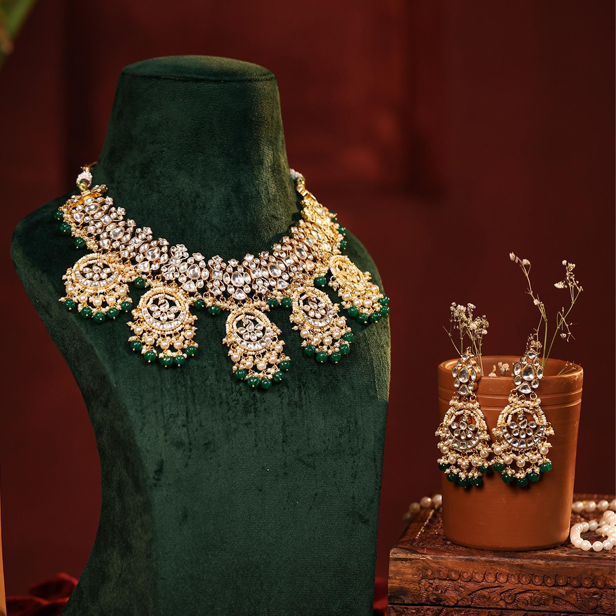 Kundan Choker Necklace Set with Chandbali Fringe | Emerald Green Bridal Jewelry