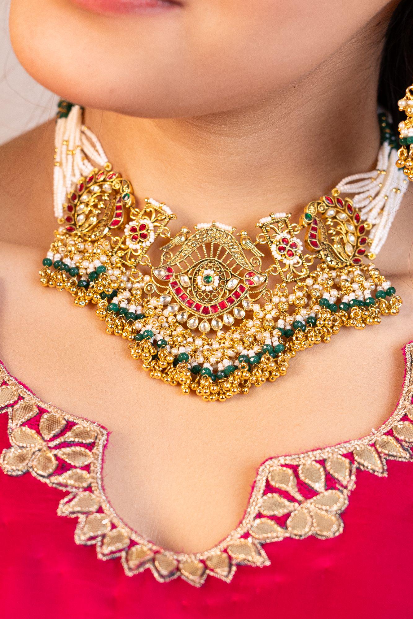 Antique Gold Peacock Choker Necklace Set with Pearls, Green Beads, Guttapusalu Bridal Jewelry