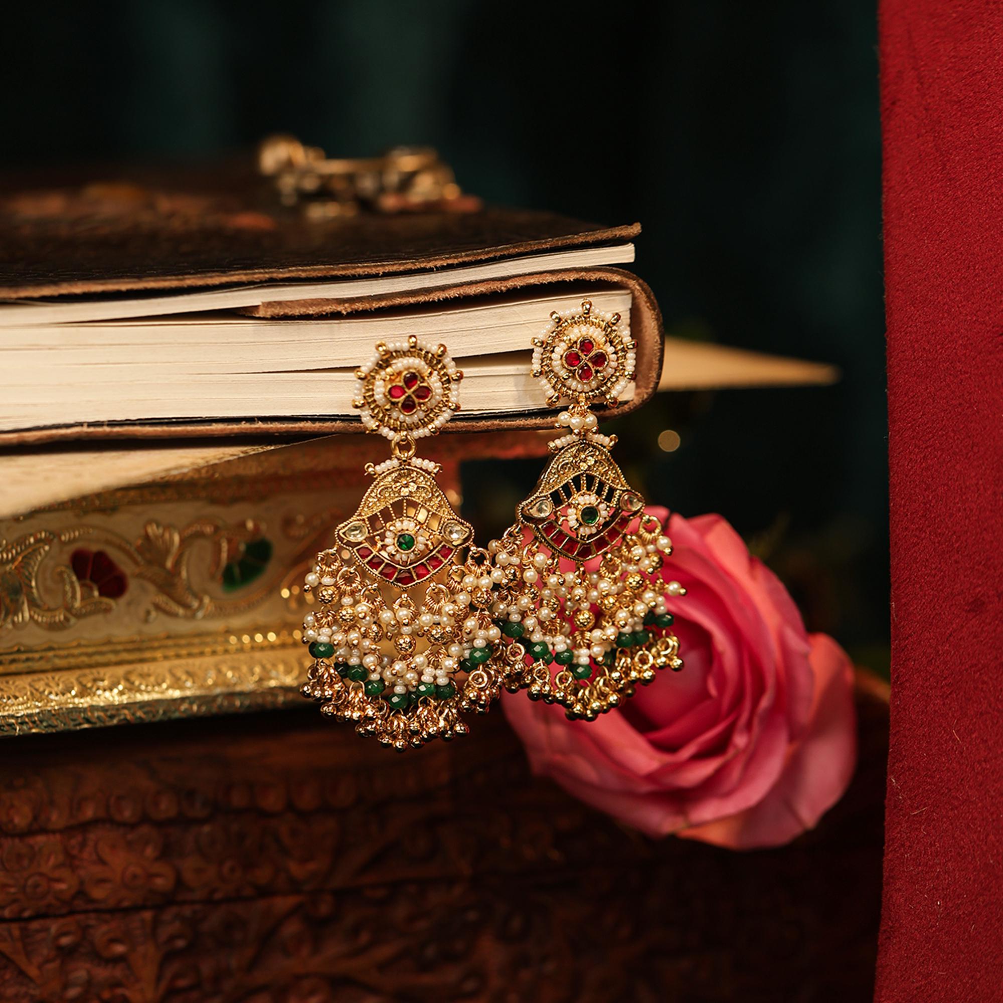 Antique Gold Peacock Choker Necklace Set with Pearls, Green Beads, Guttapusalu Bridal Jewelry