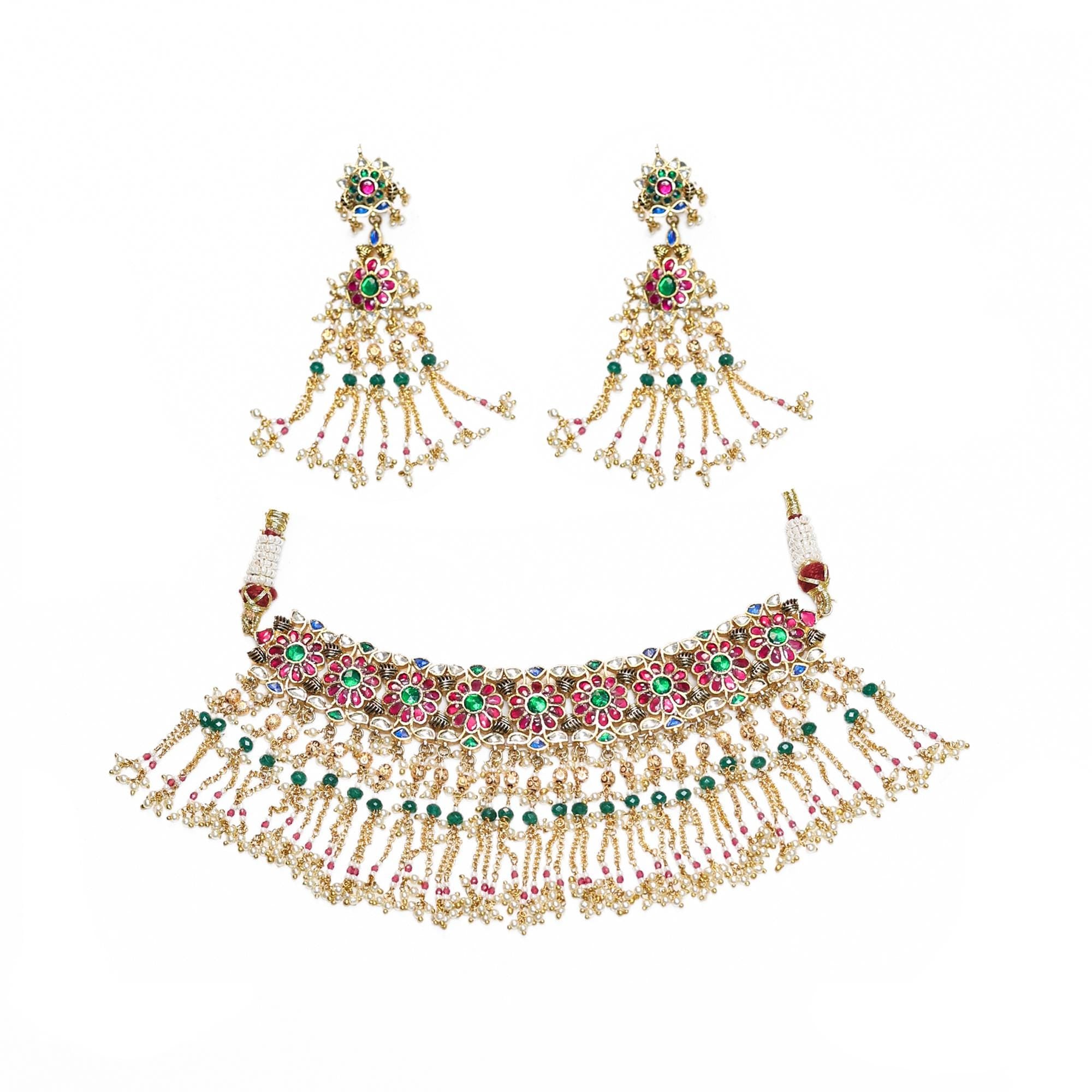 Indian Floral Choker Set | Pink Emerald Meenakari Chandelier Earrings | Royal Rajasthani Festive Jewelry