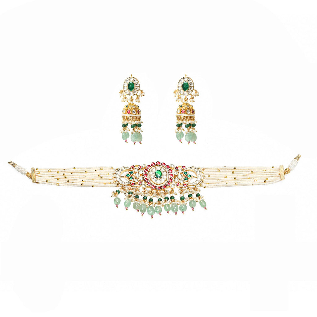 Royal Indian Pearl Choker Set | Floral Kundan Meenakari Centerpiece with Jhumkas