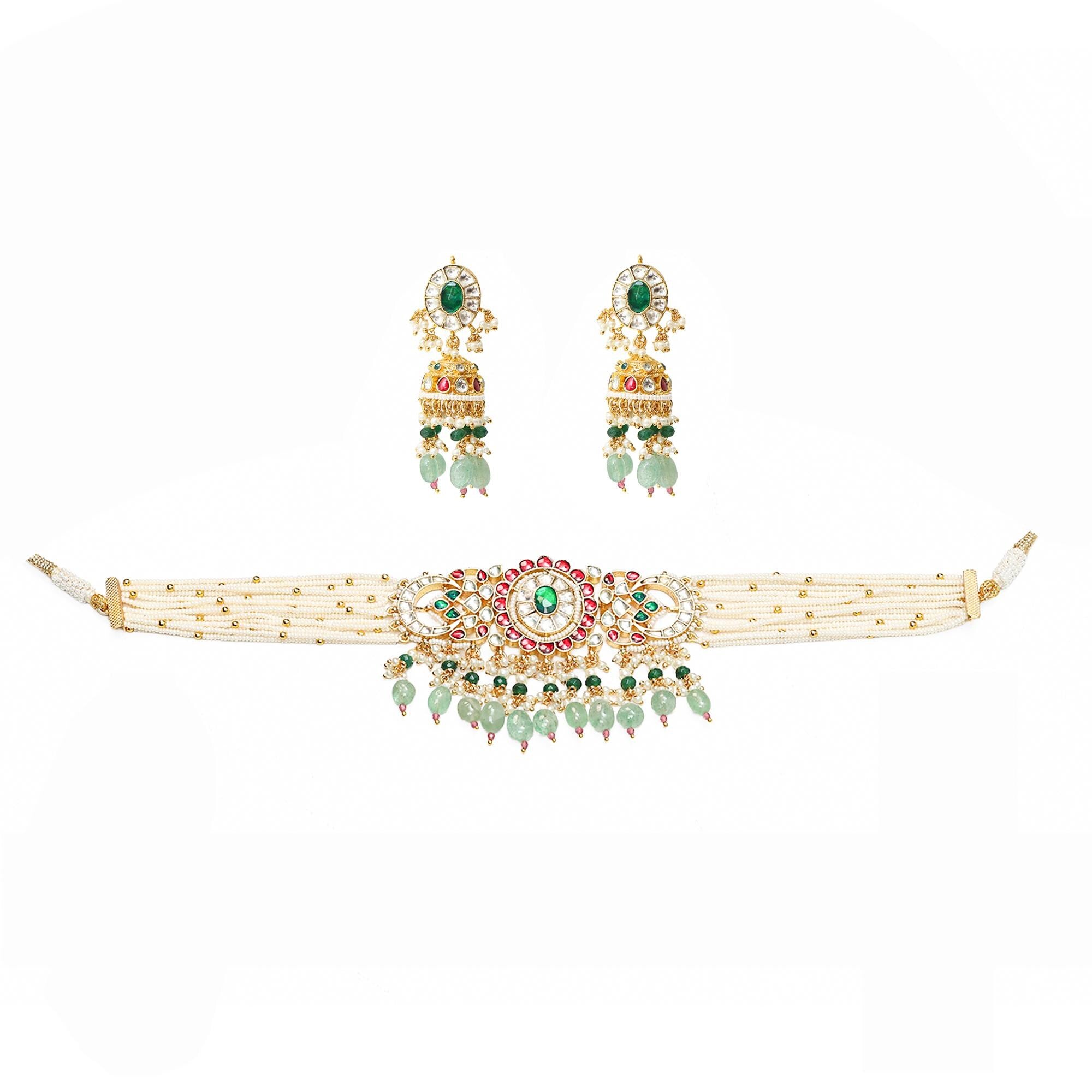 Royal Indian Pearl Choker Set | Floral Kundan Meenakari Centerpiece with Jhumkas