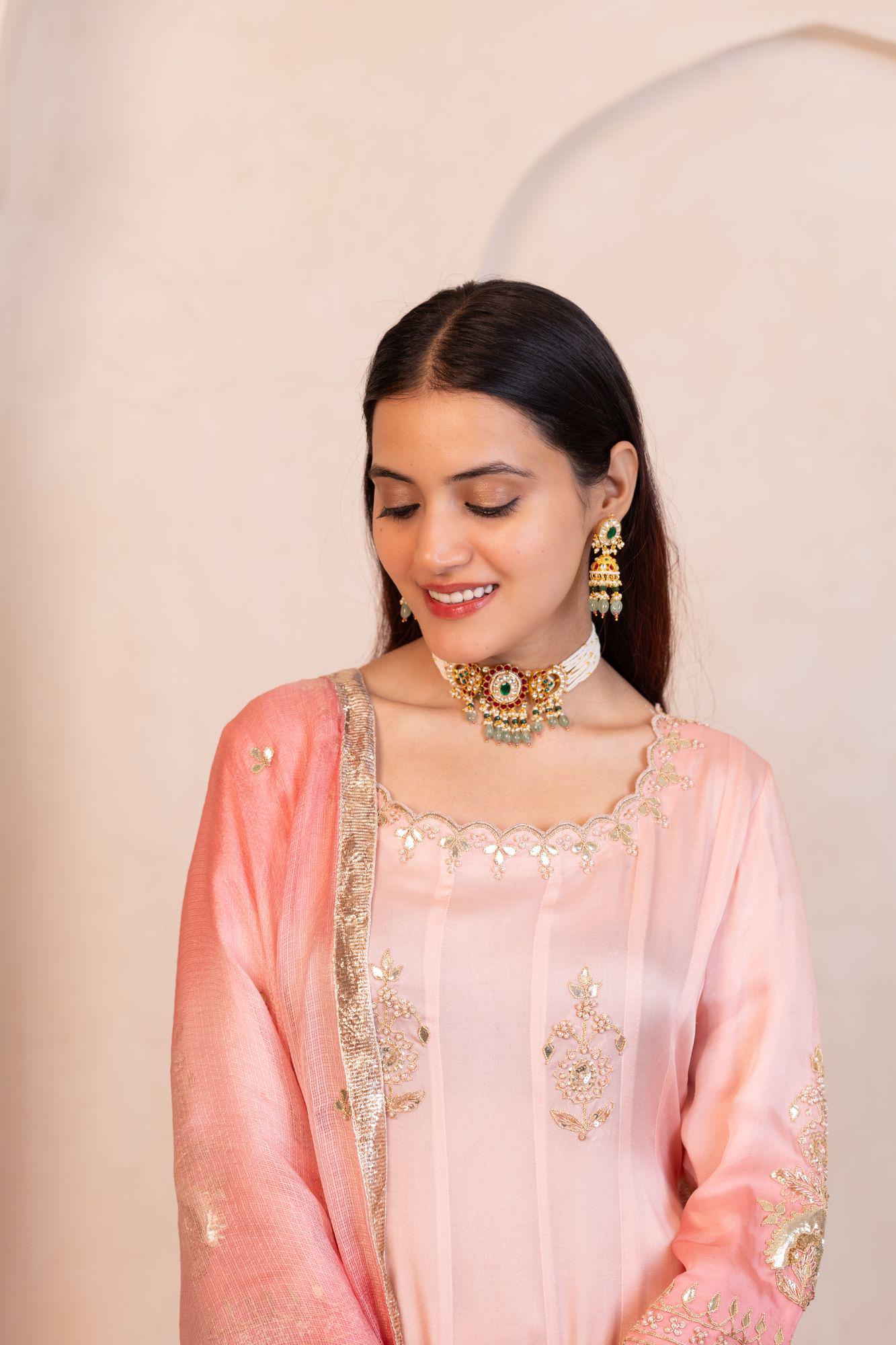 Royal Indian Pearl Choker Set | Floral Kundan Meenakari Centerpiece with Jhumkas