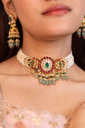 Royal Indian Pearl Choker Set | Floral Kundan Meenakari Centerpiece with Jhumkas