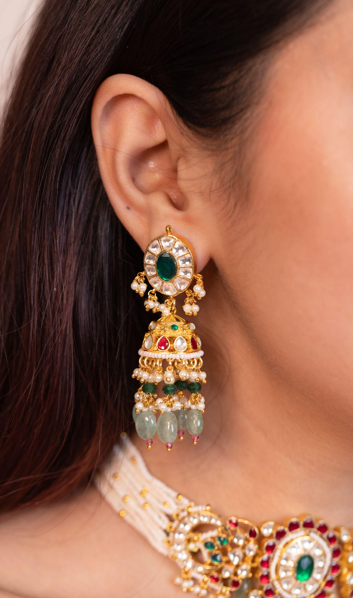 Royal Indian Pearl Choker Set | Floral Kundan Meenakari Centerpiece with Jhumkas