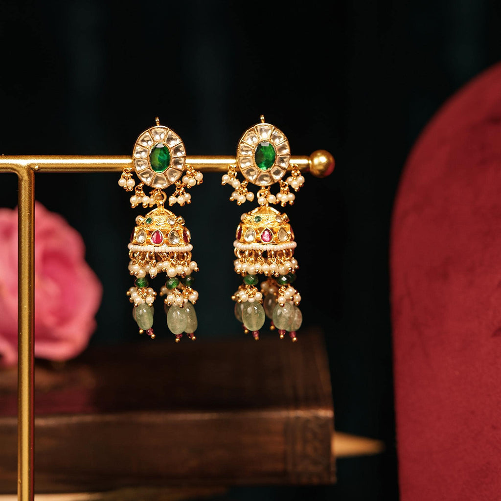 Royal Indian Pearl Choker Set | Floral Kundan Meenakari Centerpiece with Jhumkas