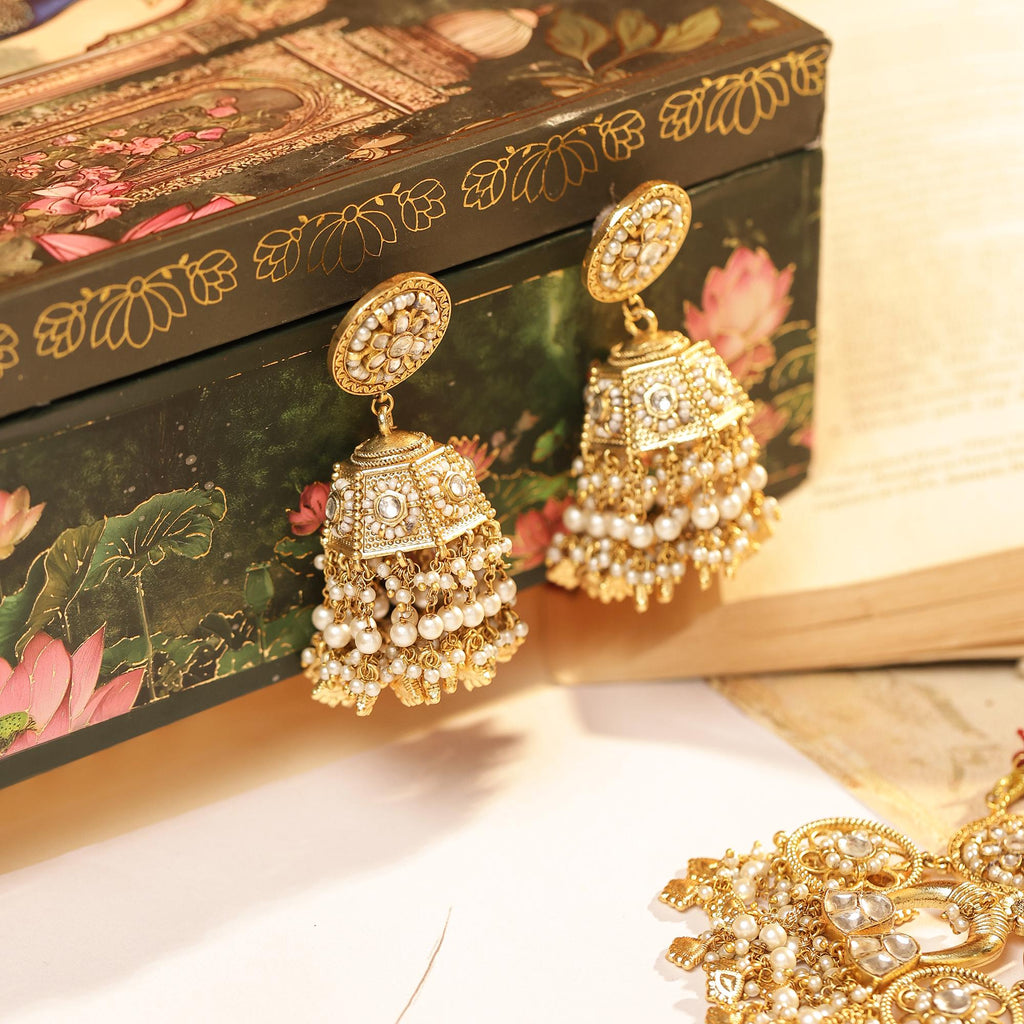 Antique Gold Indian Choker Set | Guttapusalu Pearl Bib Necklace, Jhumkas
