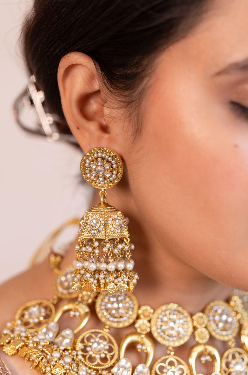 Antique Gold Indian Choker Set | Guttapusalu Pearl Bib Necklace, Jhumkas