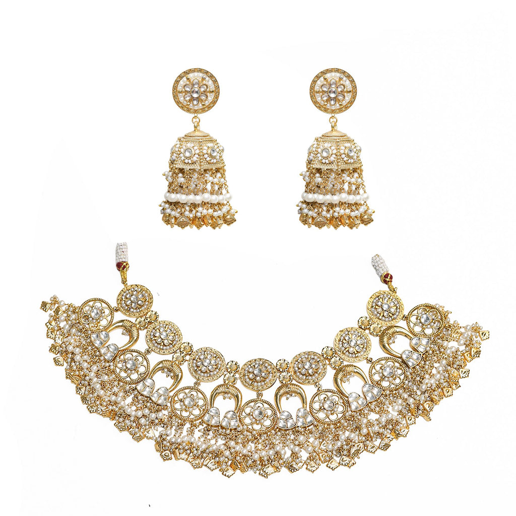 Antique Gold Indian Choker Set | Guttapusalu Pearl Bib Necklace, Jhumkas