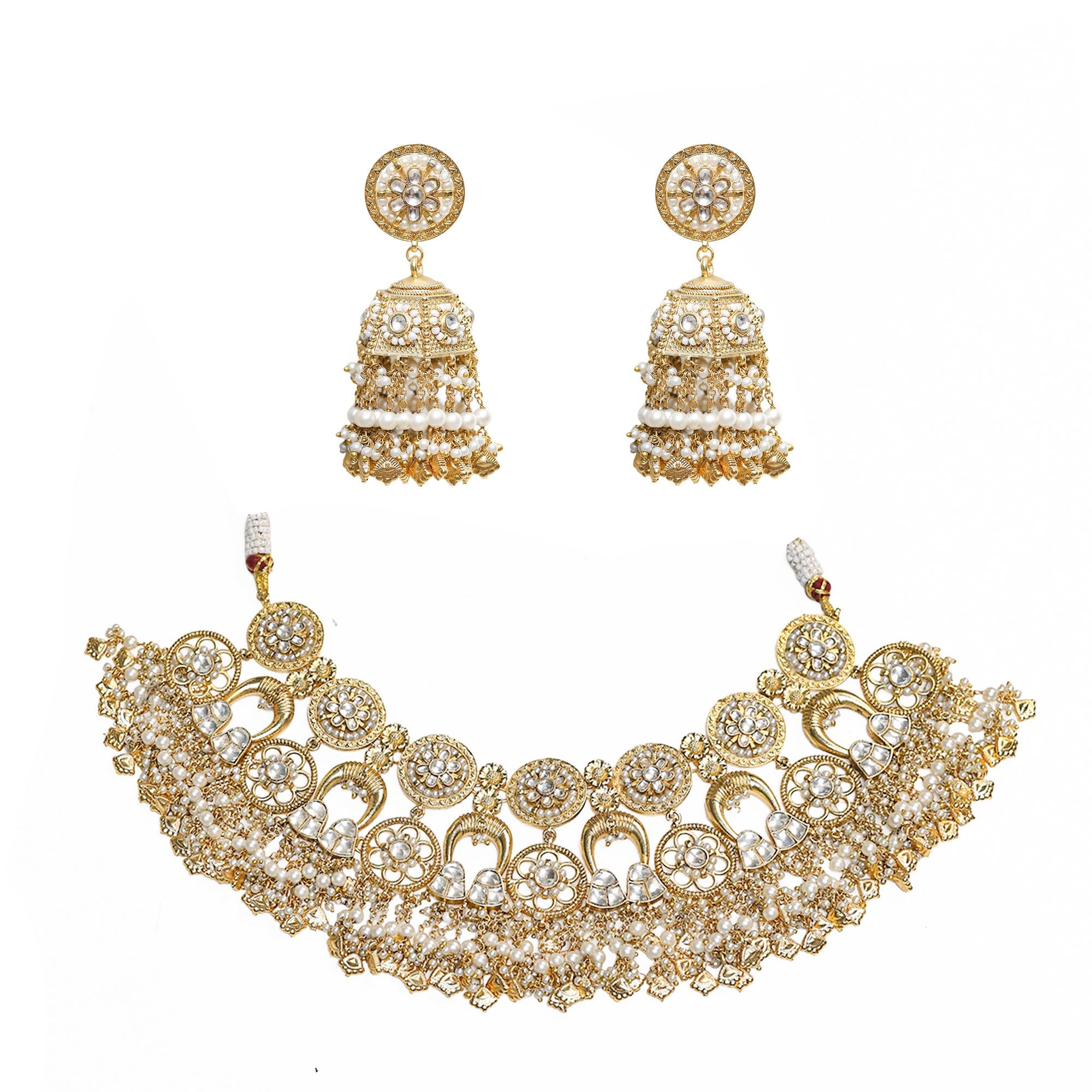 Antique Gold Indian Choker Set | Guttapusalu Pearl Bib Necklace, Jhumkas