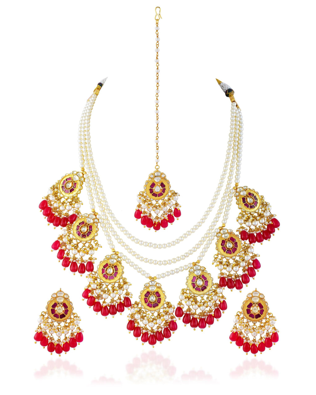Pearl Kundan Necklace Set | Pink Meenakari Bridal Jewelry | Bollywood Wedding Tiered Set