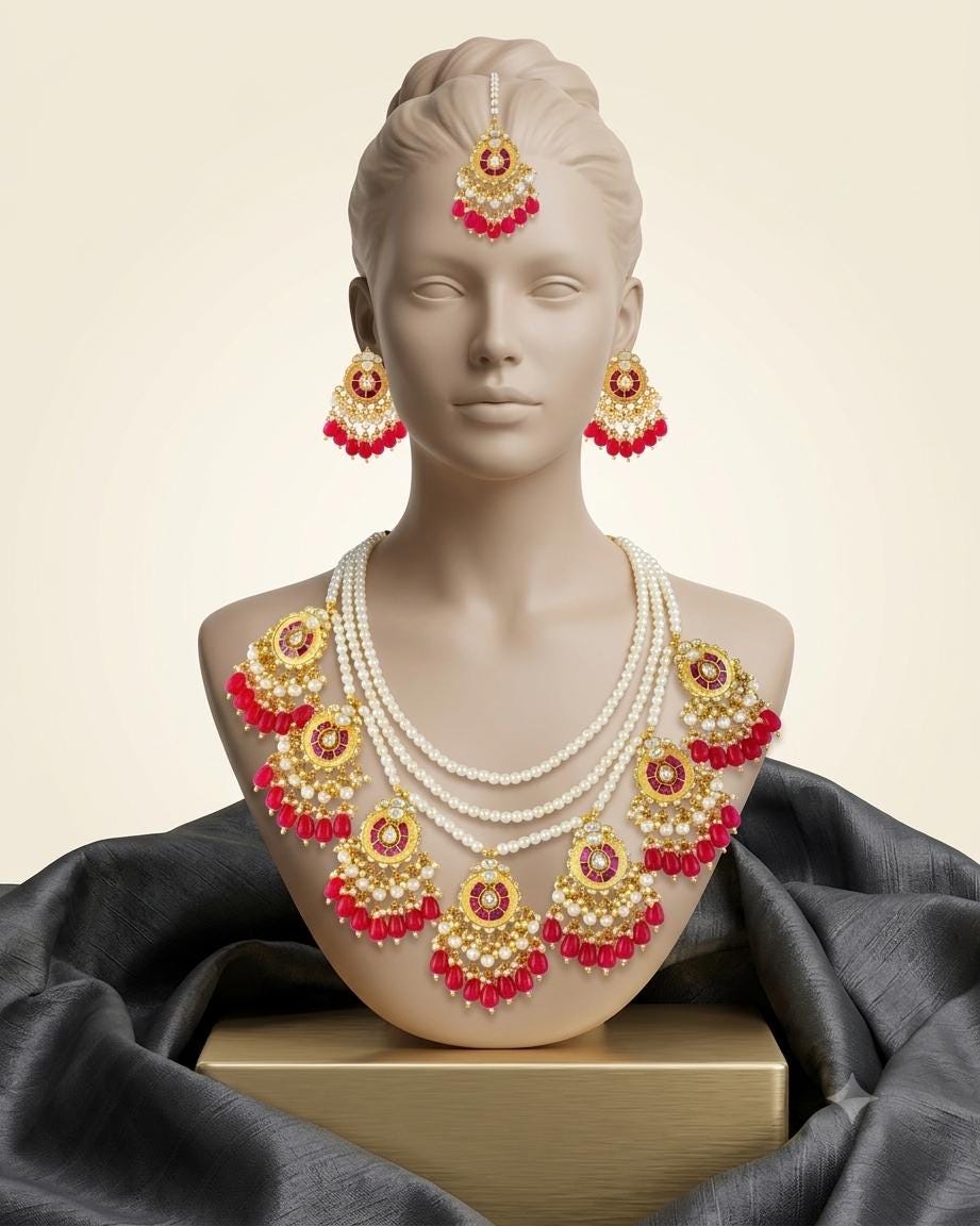 Pearl Kundan Necklace Set | Pink Meenakari Bridal Jewelry | Bollywood Wedding Tiered Set