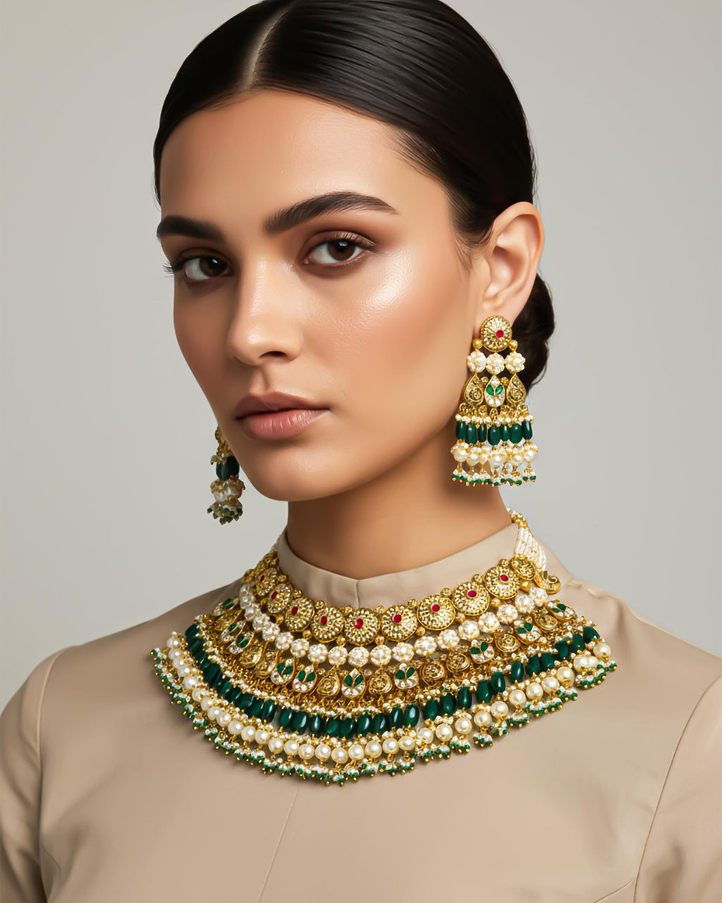South Indian Collar Choker Set | Antique Gold Plated Emerald Bridal Jewelry