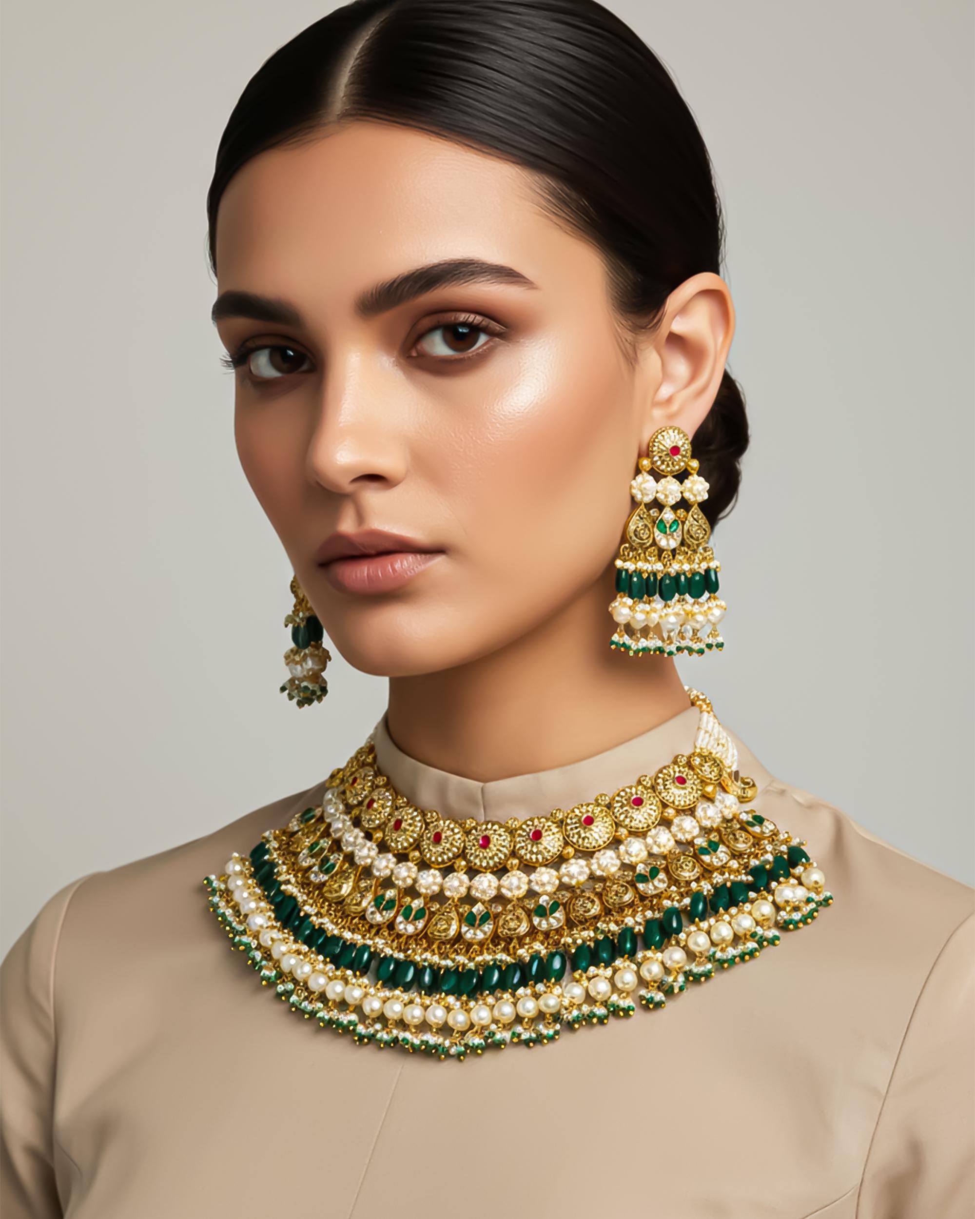 South Indian Collar Choker Set | Antique Gold Plated Emerald Bridal Jewelry