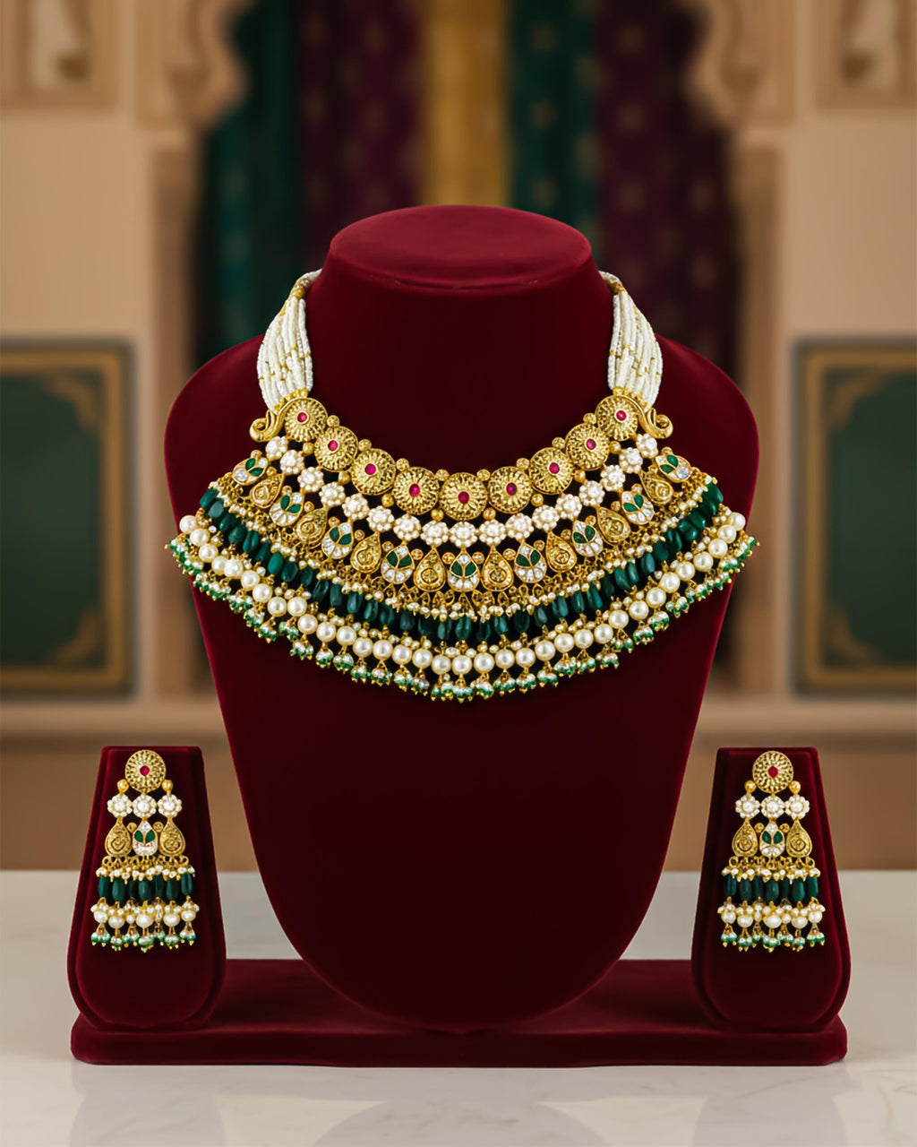 South Indian Collar Choker Set | Antique Gold Plated Emerald Bridal Jewelry