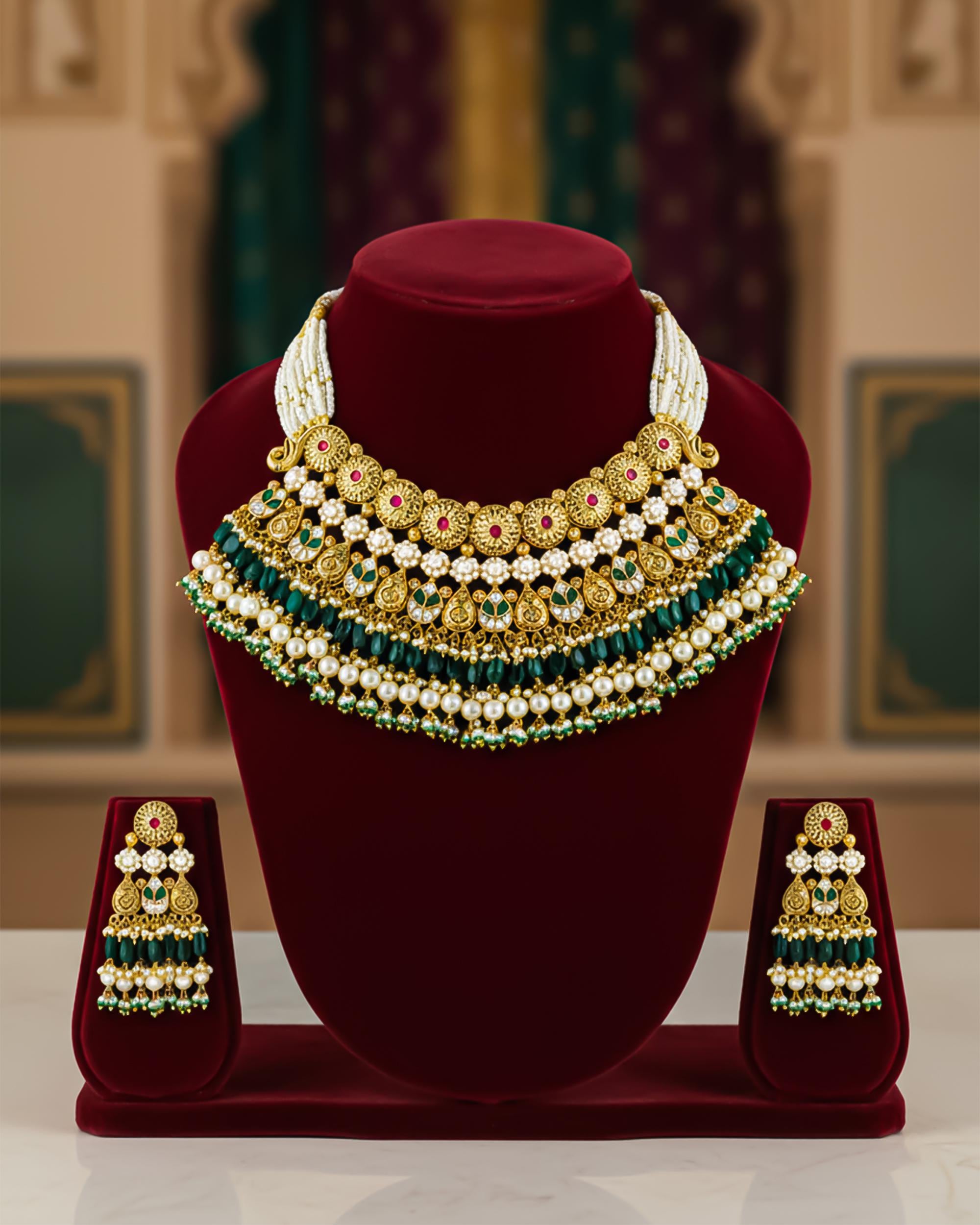South Indian Collar Choker Set | Antique Gold Plated Emerald Bridal Jewelry