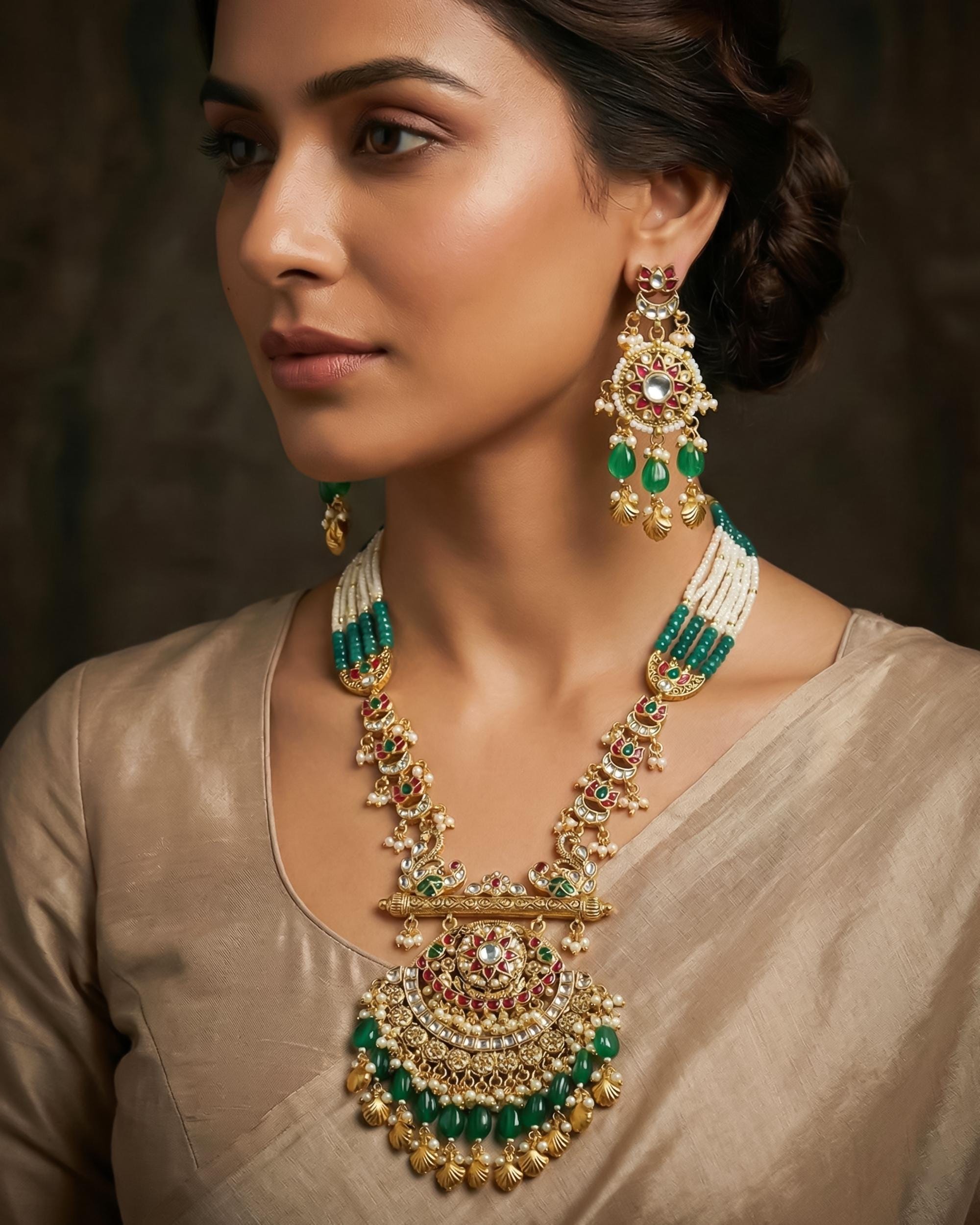 Matte Gold Plated Kundan Meenakari Necklace Set | Royal Rajasthani Chandelier Earrings