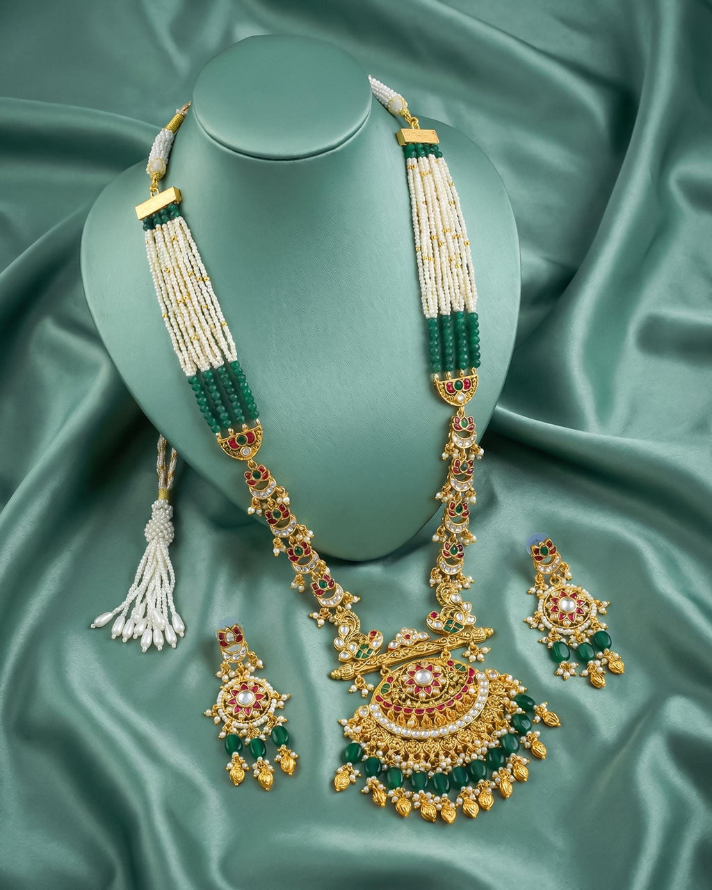 Matte Gold Plated Kundan Meenakari Necklace Set | Royal Rajasthani Chandelier Earrings