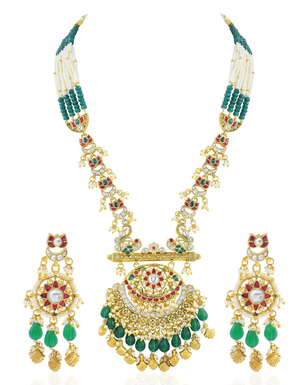 Matte Gold Plated Kundan Meenakari Necklace Set | Royal Rajasthani Chandelier Earrings