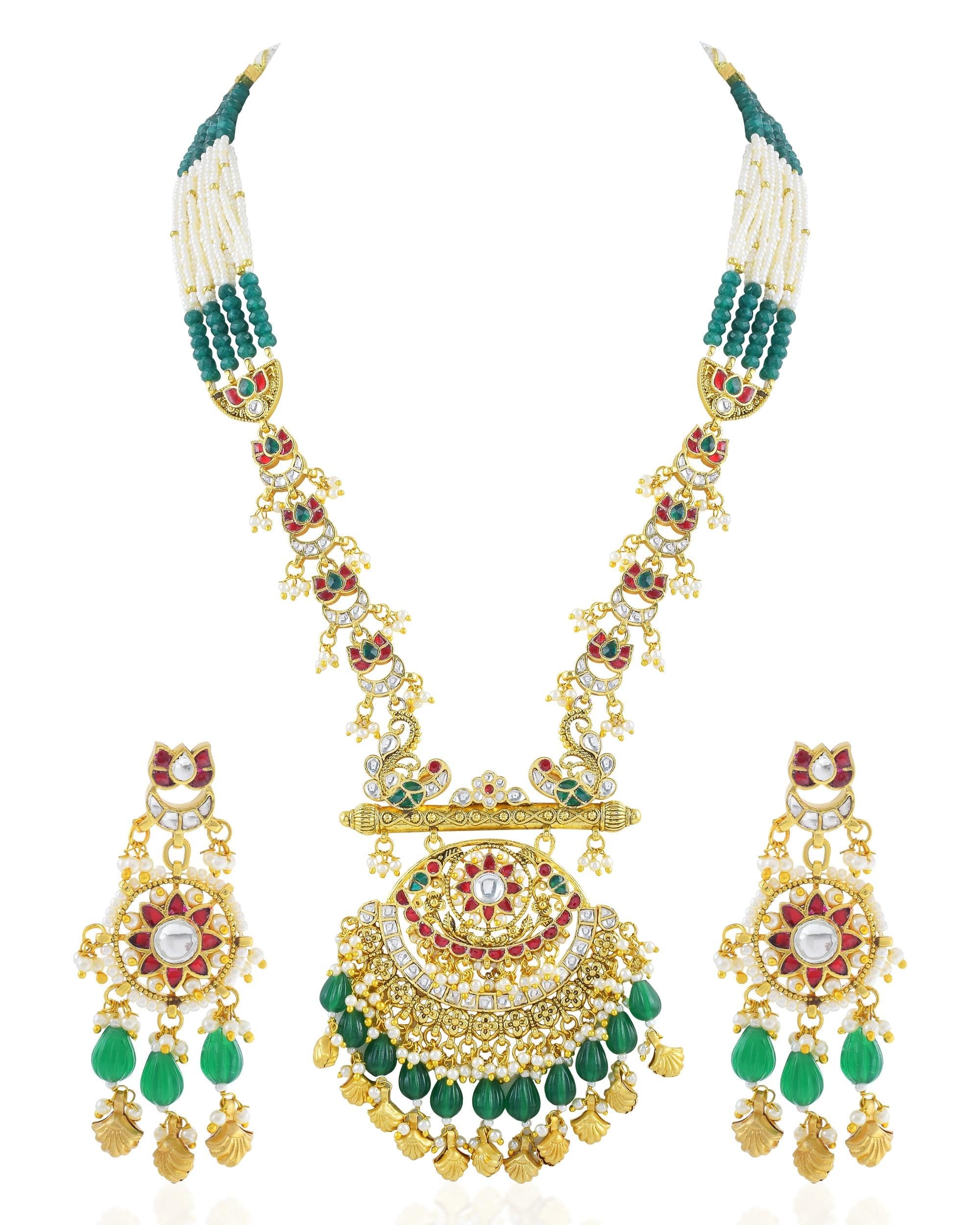 Matte Gold Plated Kundan Meenakari Necklace Set | Royal Rajasthani Chandelier Earrings