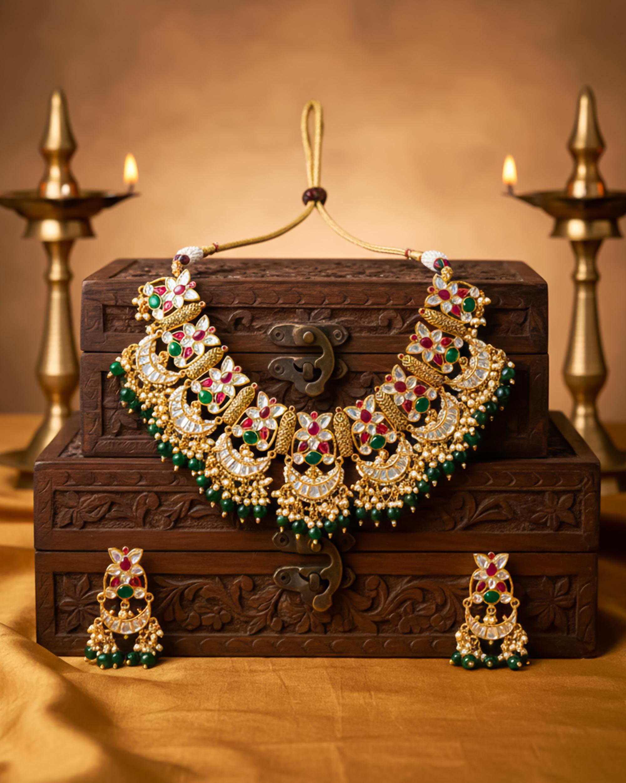 Handcrafted Pachi Kundan Choker Necklace Set  Ruby Emerald Accents, Antique Gold Indian Bridal Jewelry