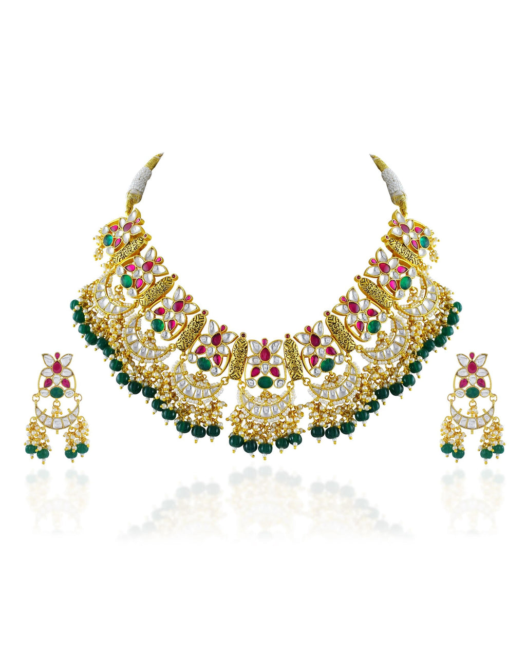 Handcrafted Pachi Kundan Choker Necklace Set  Ruby Emerald Accents, Antique Gold Indian Bridal Jewelry