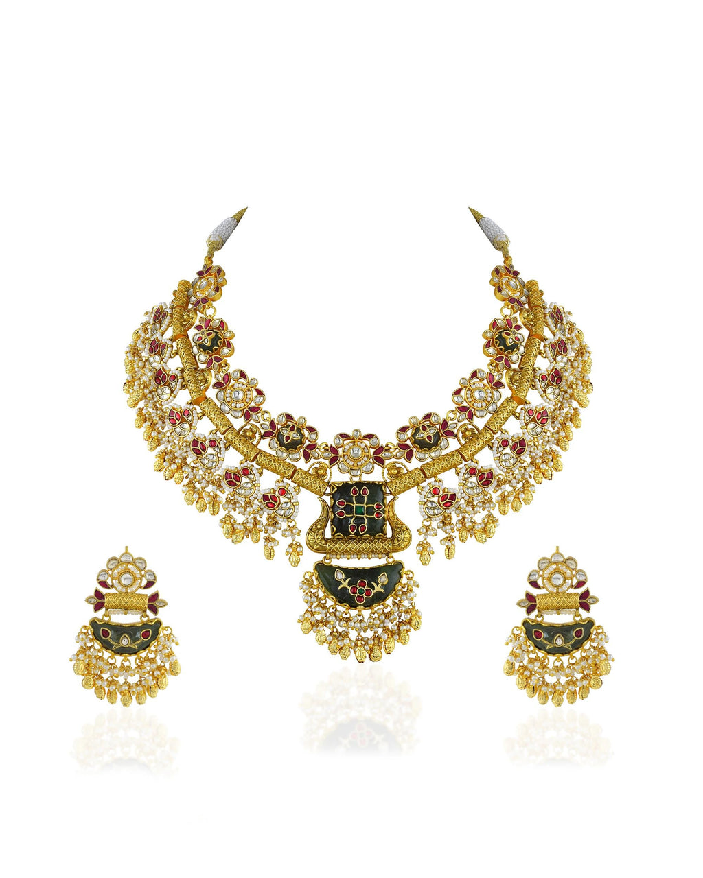 Antique Gold Kundan Choker Set  Meenakari Pendant, Ruby Floral Bridal Jewelry