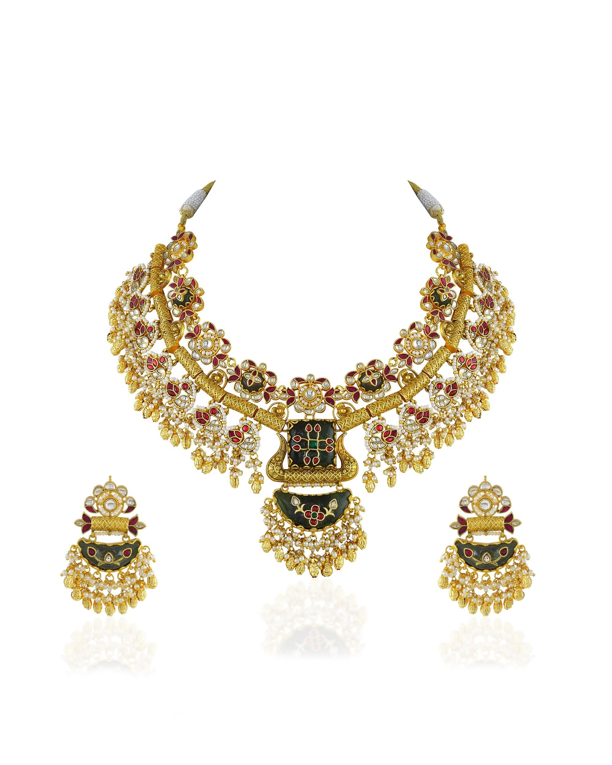 Antique Gold Kundan Choker Set  Meenakari Pendant, Ruby Floral Bridal Jewelry