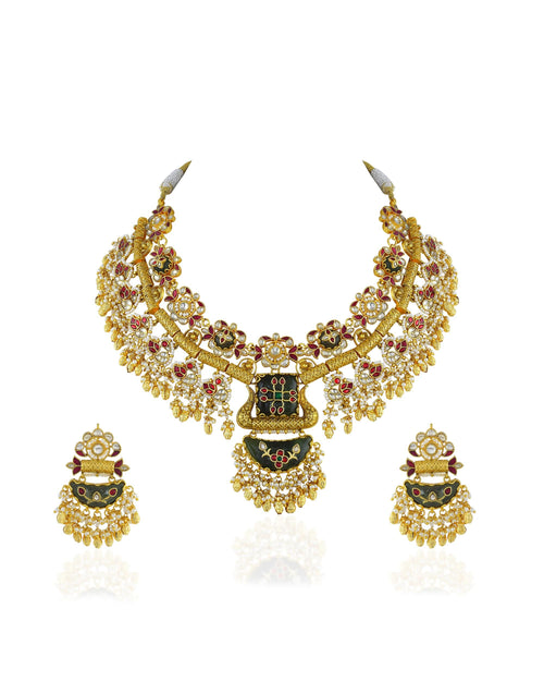 Antikes Gold Kundan Choker-Set, Meenakari-Anhänger, florale Brautschmuck mit Rubinen