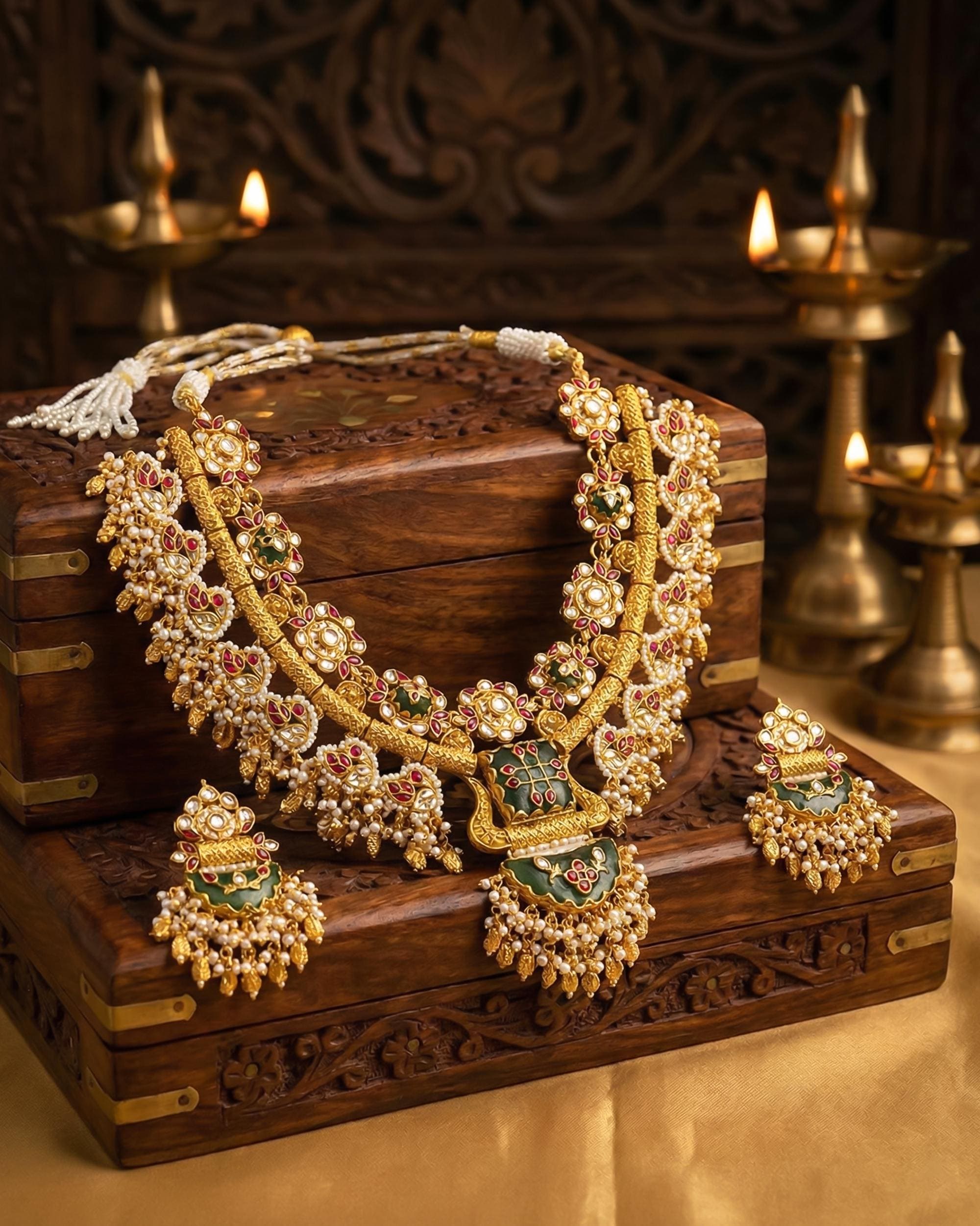 Antique Gold Kundan Choker Set  Meenakari Pendant, Ruby Floral Bridal Jewelry