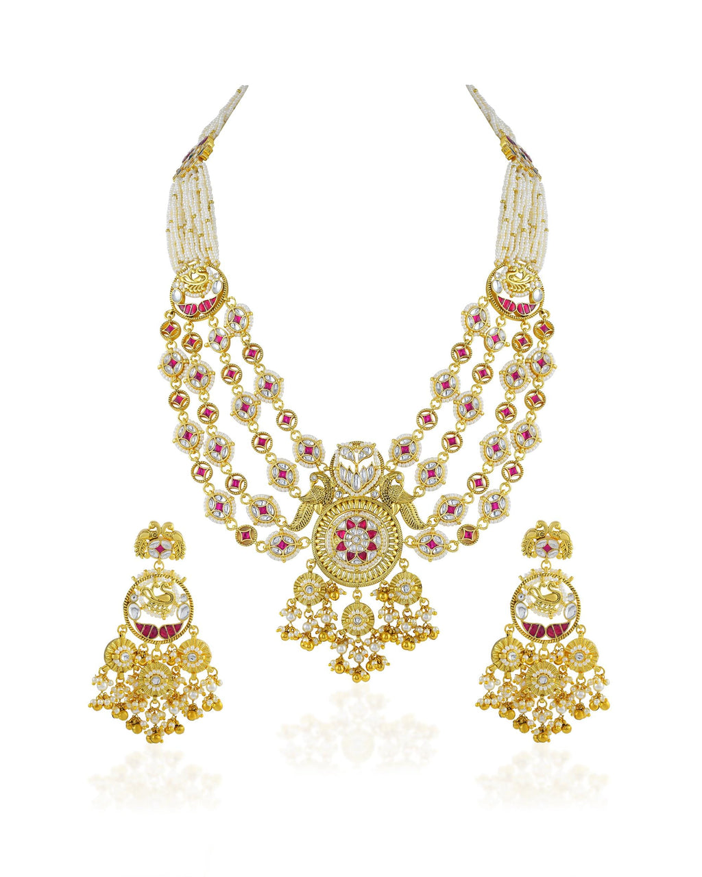 Handcrafted Kundan Necklace Set  Ruby Pink Accents, Peacock Panchlada Haar, Antique Gold Bridal Jewelry