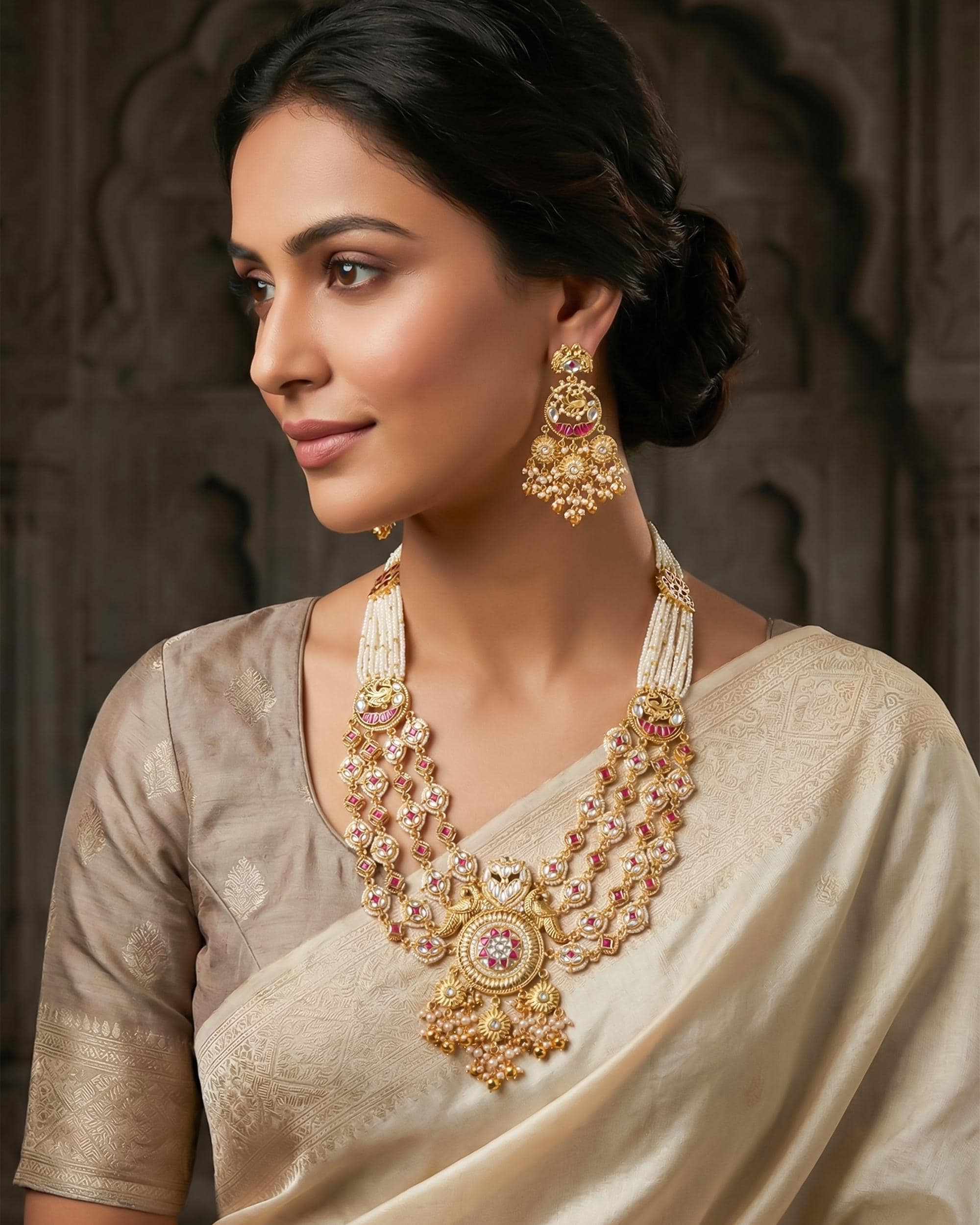 Handcrafted Kundan Necklace Set  Ruby Pink Accents, Peacock Panchlada Haar, Antique Gold Bridal Jewelry